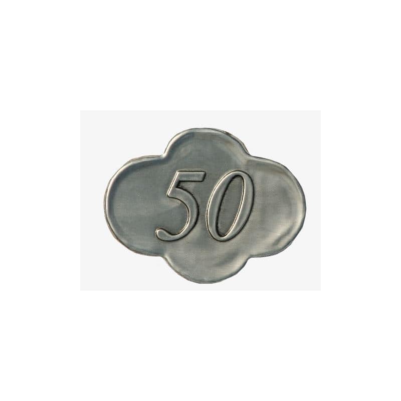 Tinetiket '50', kvadratisk, metal, sølv