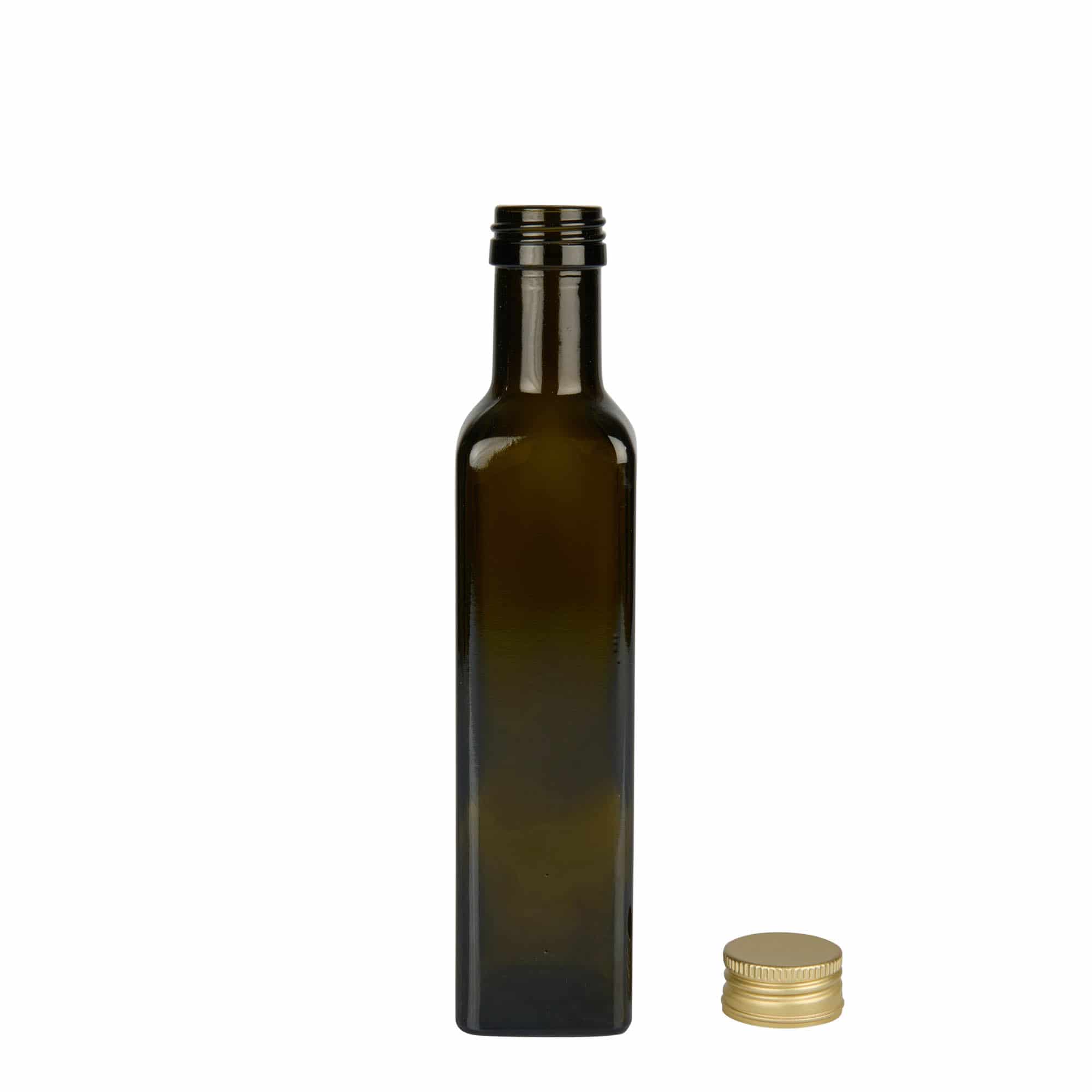 250 ml glasflaske 'Marasca', kvadratisk, antikgrøn, åbning: PP 31,5