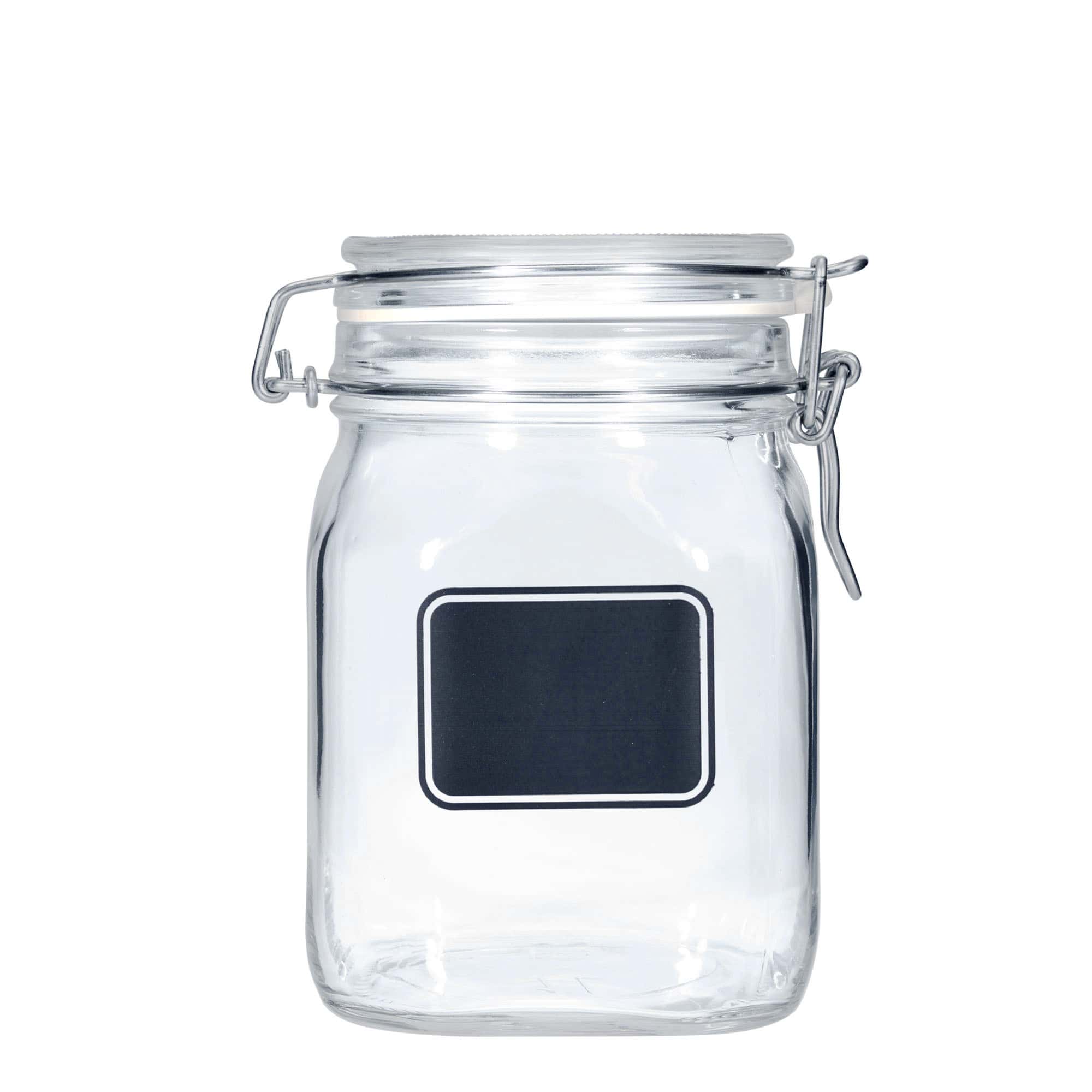 1.000 ml patentglas 'Fido', motiv: Etiketfelt, kvadratisk, åbning: Patentlåg