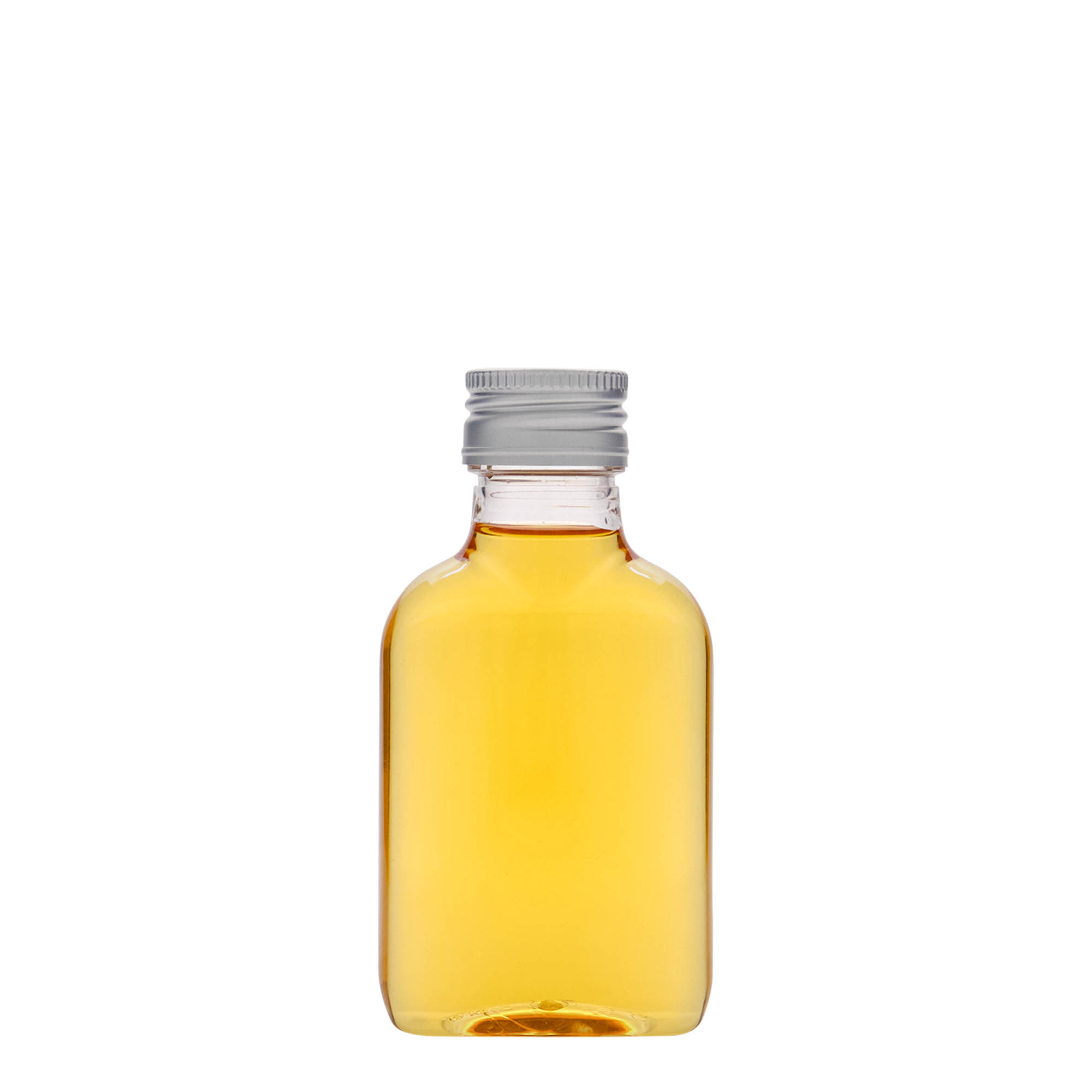 100 ml lommeflaske, oval, PET-plast, munding: PP 28