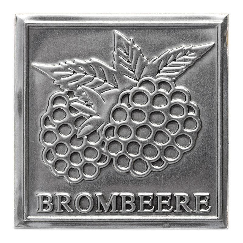 Tinetiket 'Brombær', kvadratisk, metal, sølv