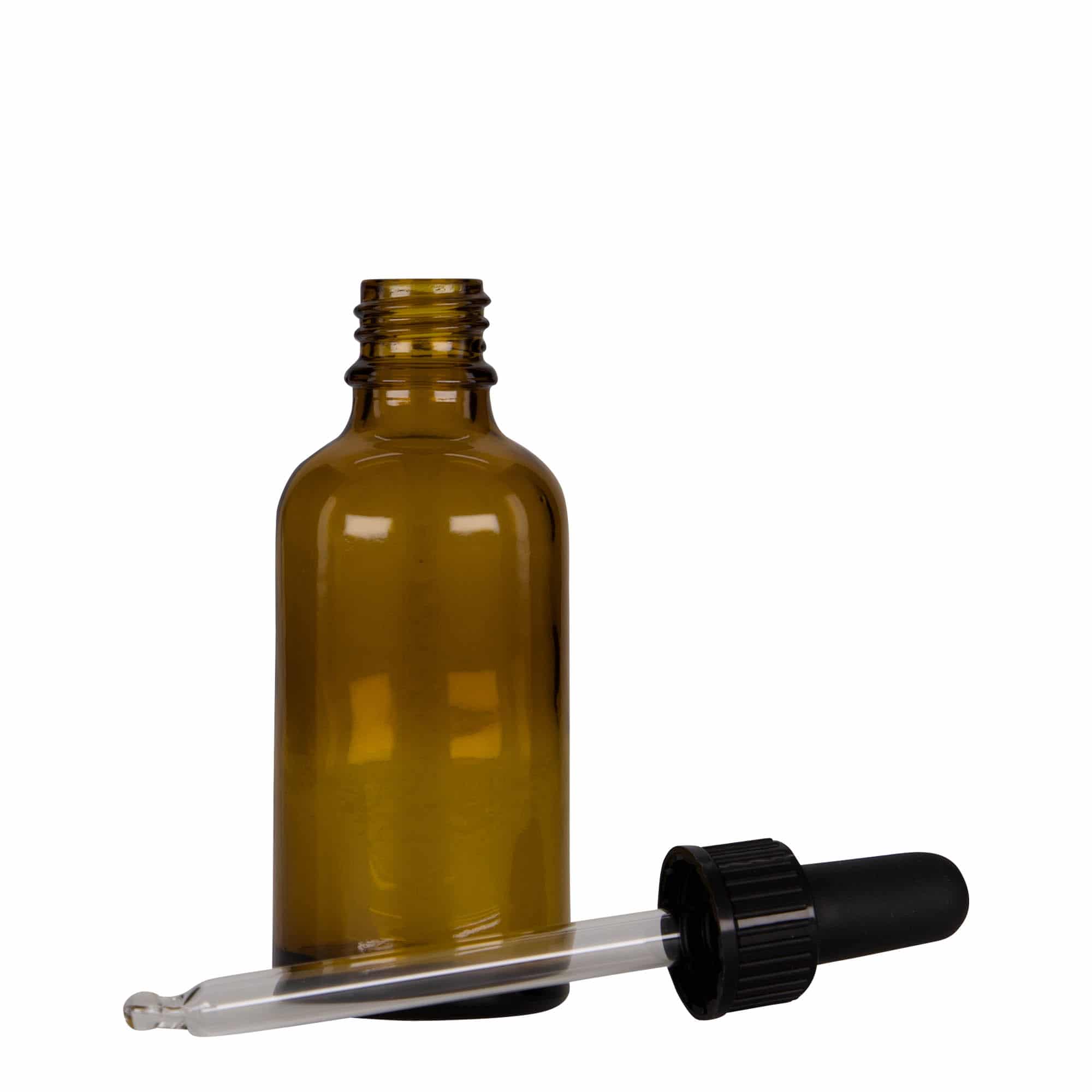 50 ml pipetteflaske, medicin, glas, brun-sort, åbning: DIN 18