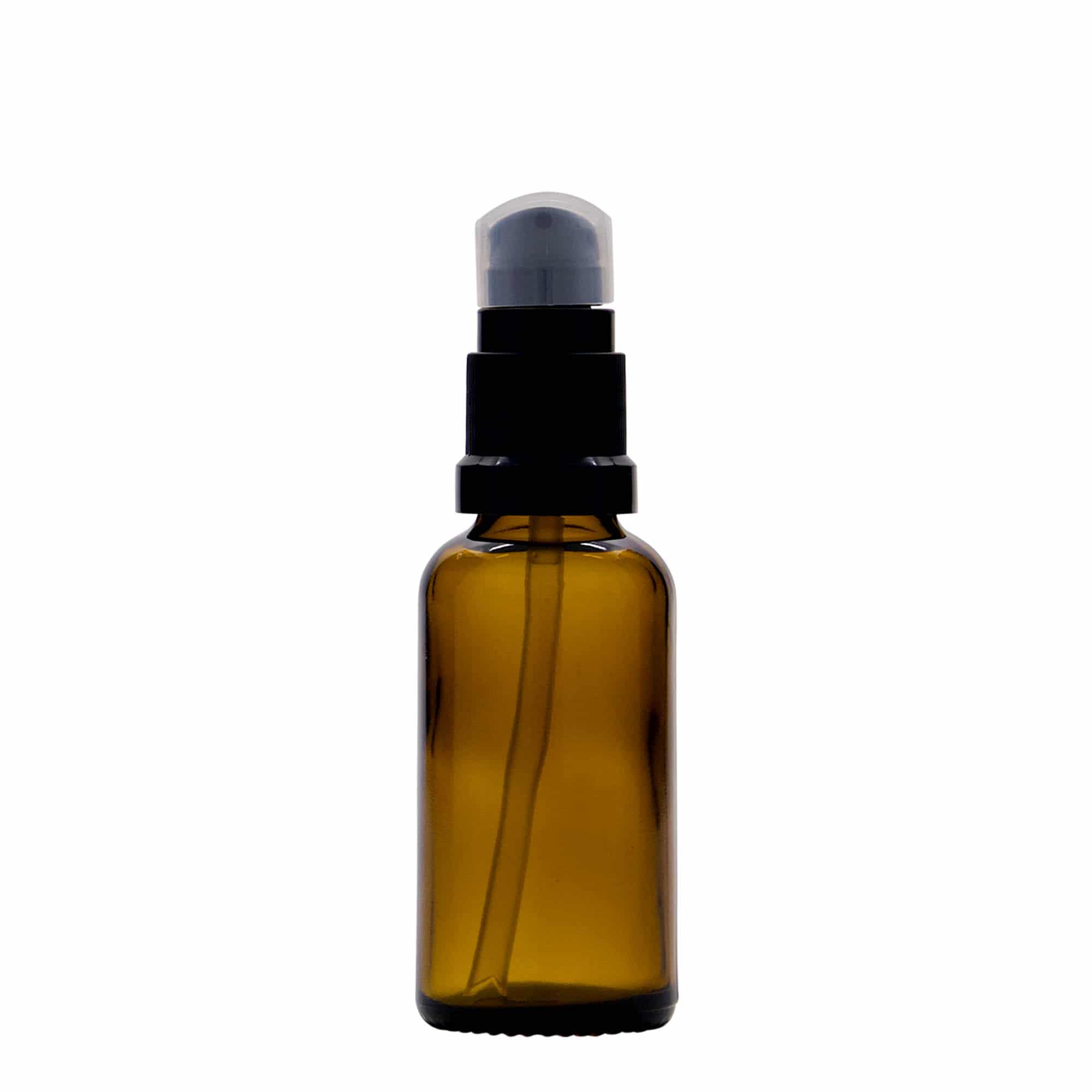 30 ml medicinflaske med lotionpumpe, glas, brun, åbning: DIN 18