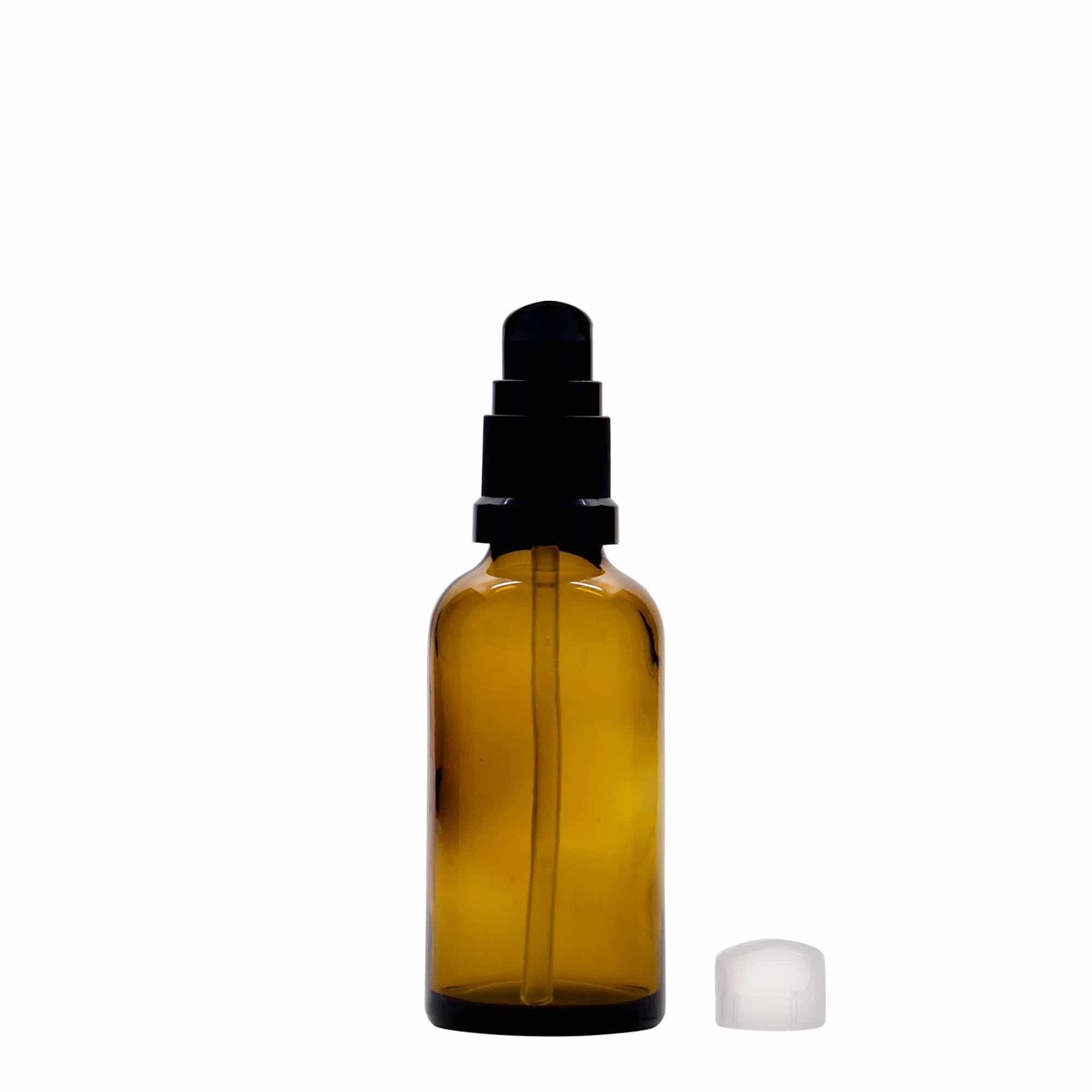 50 ml medicinflaske med lotionpumpe, glas, brun, åbning: DIN 18