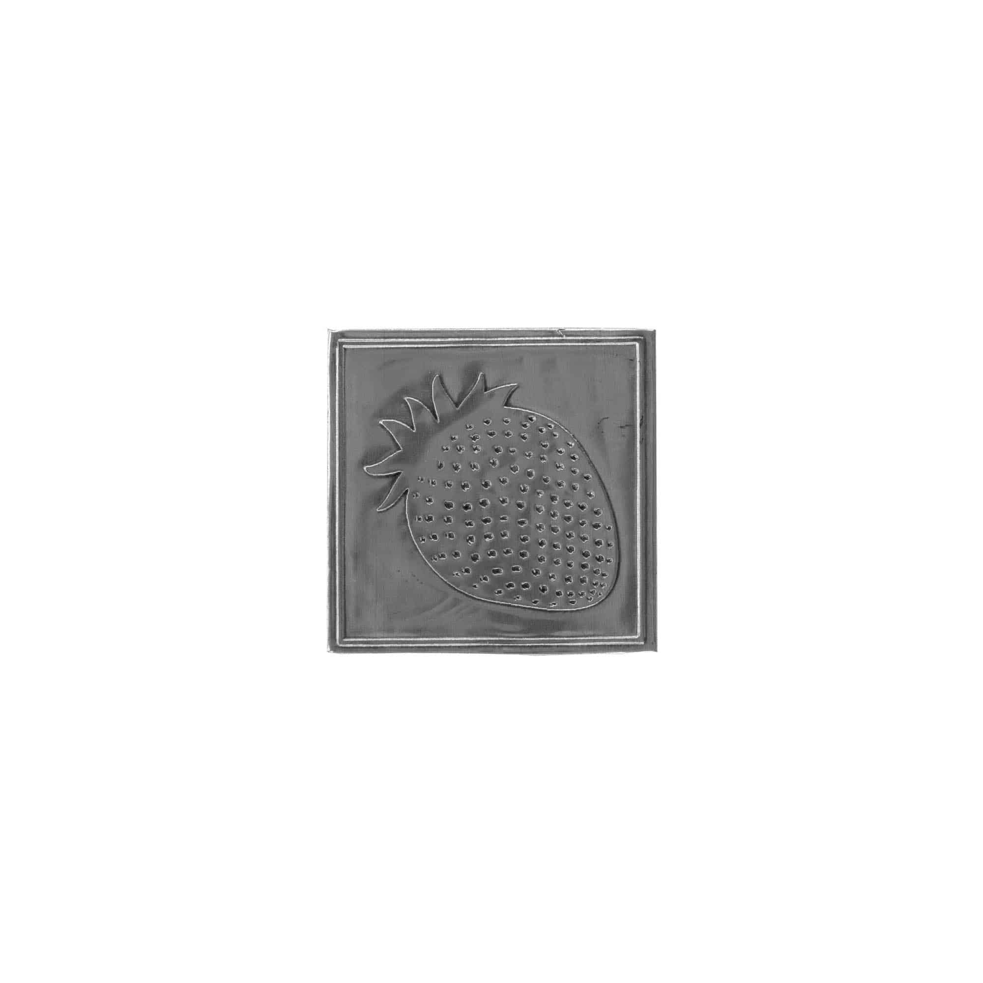 Tinlabel 'Jordbær', firkantet, metal, sølv Tinlabel 'Jordbær', firkantet, metal, sølv