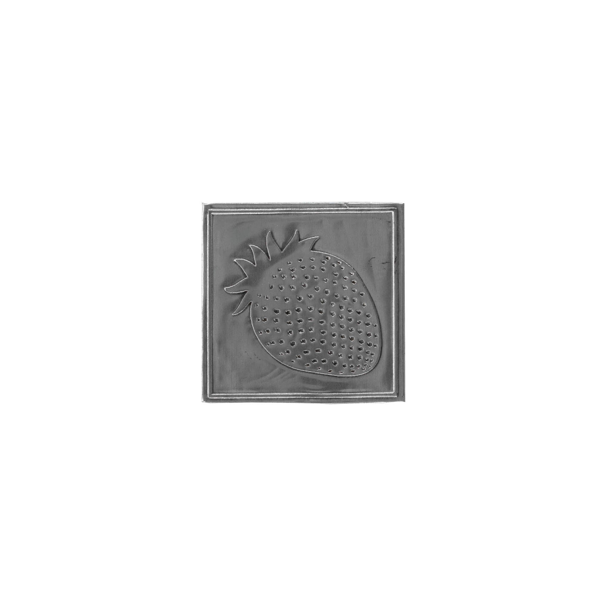Tinlabel 'Jordbær', firkantet, metal, sølv Tinlabel 'Jordbær', firkantet, metal, sølv