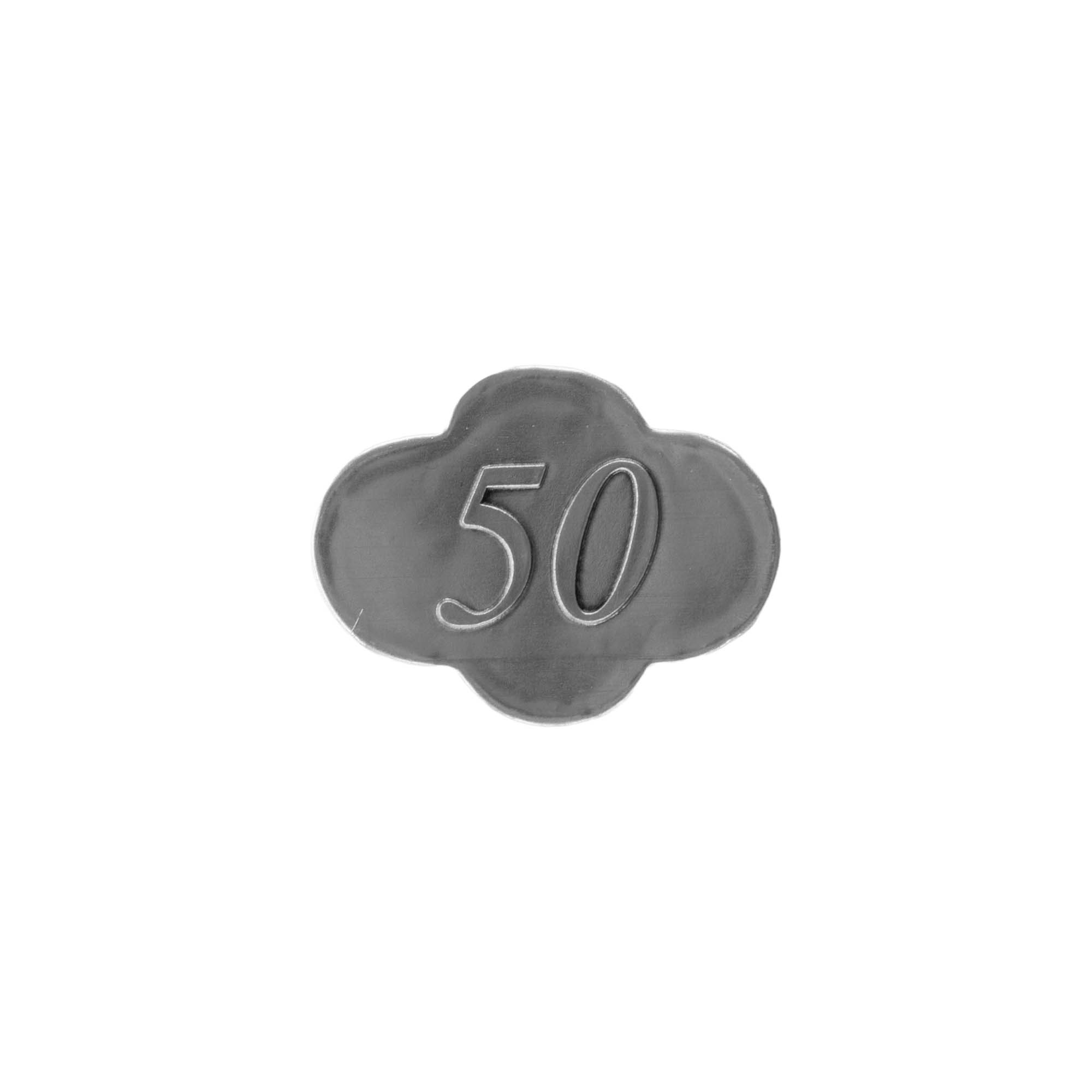 Tinetiket '50', kvadratisk, metal, sølv