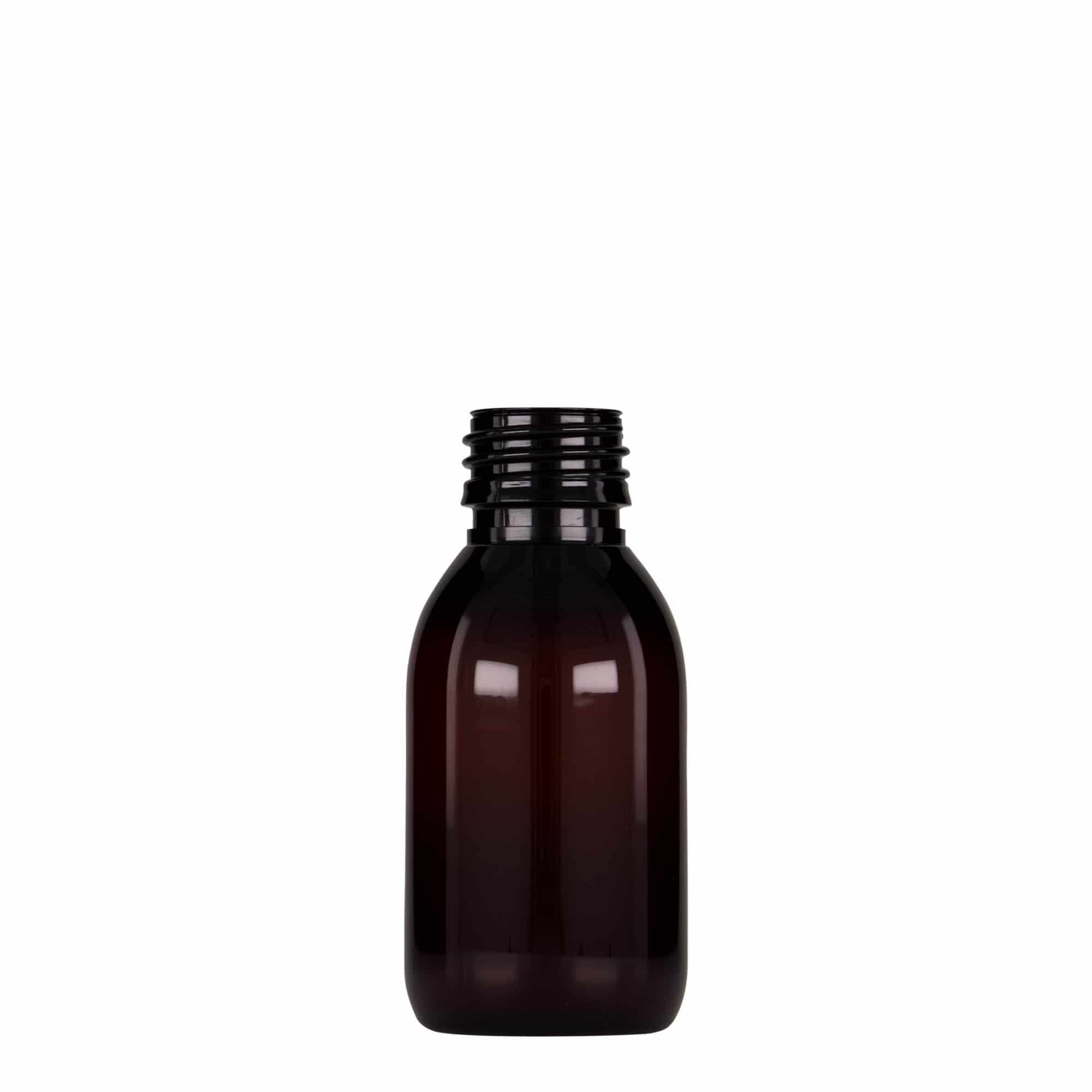100 ml PET-medicinflaske, brun, plastik, åbning: PP 28