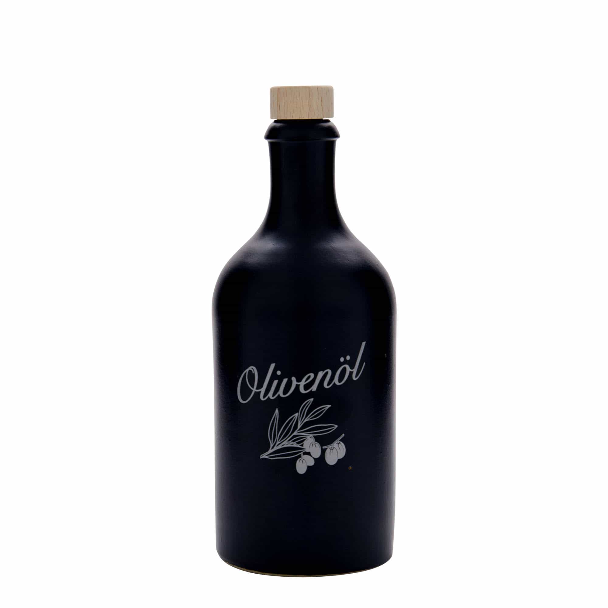 500 ml tonkrukke, motiv: olivenolie, stentøj, sort, åbning: kork