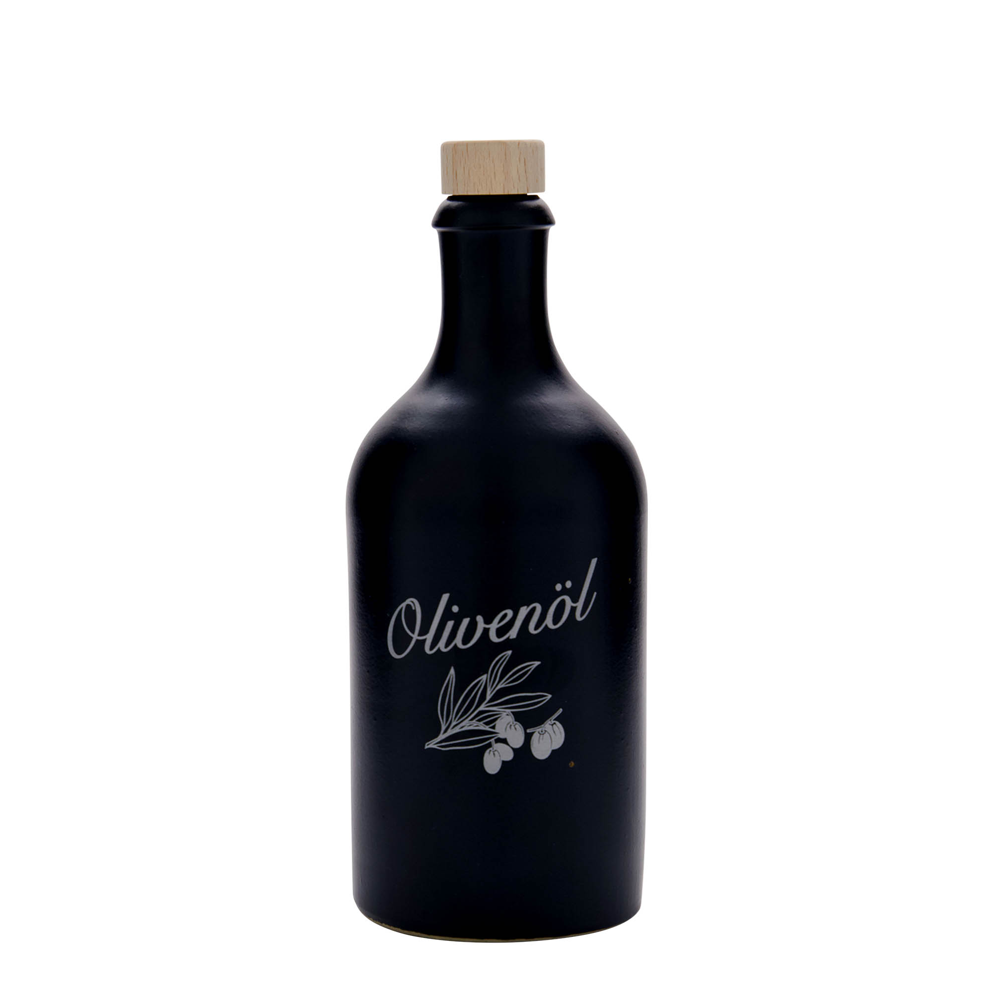 500 ml tonkrukke, motiv: olivenolie, stentøj, sort, åbning: kork 500 ml tonkrukke, motiv: olivenolie, stentøj, sort, åbning: kork