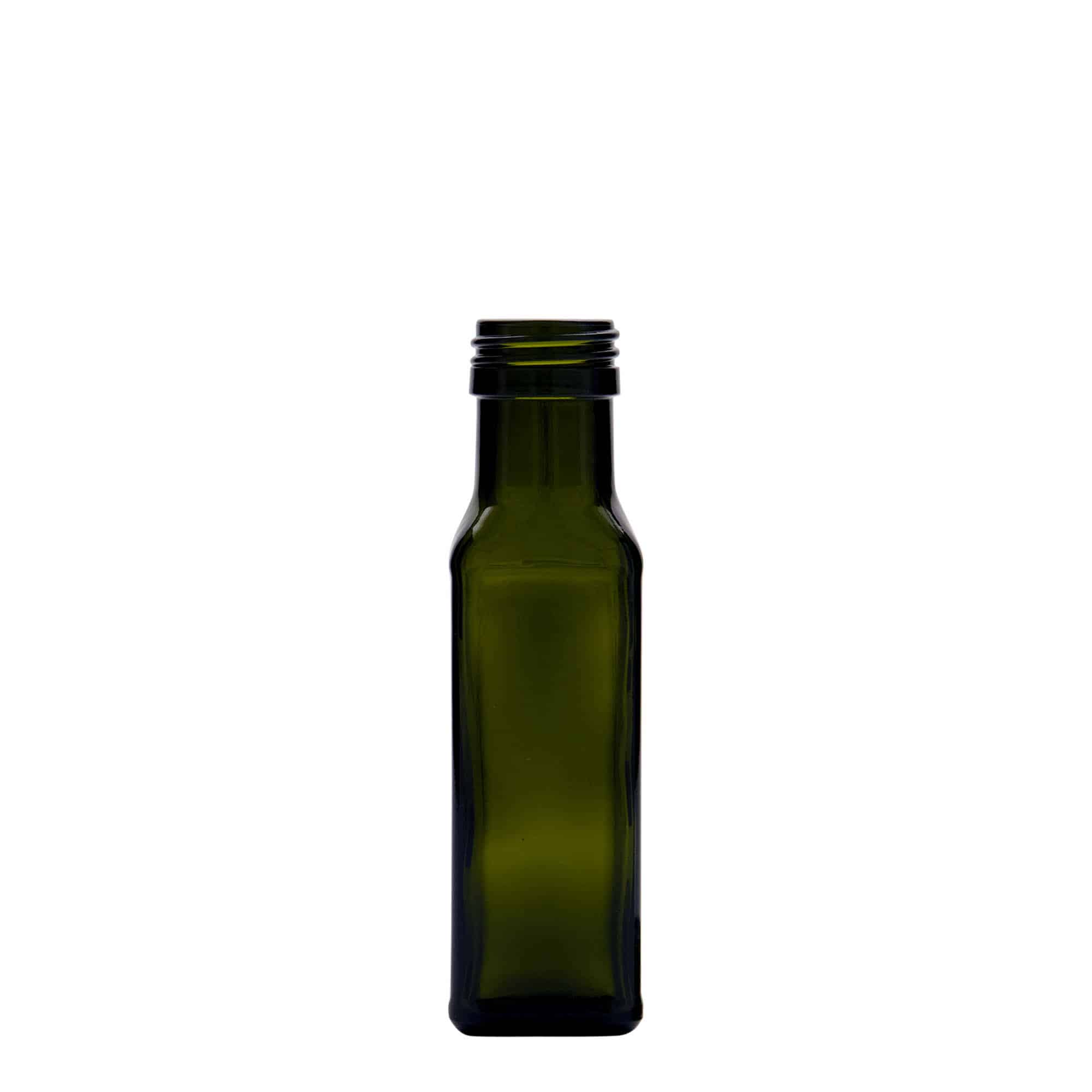 100 ml glasflaske 'Marasca', kvadratisk, antikgrøn, åbning: PP 31,5