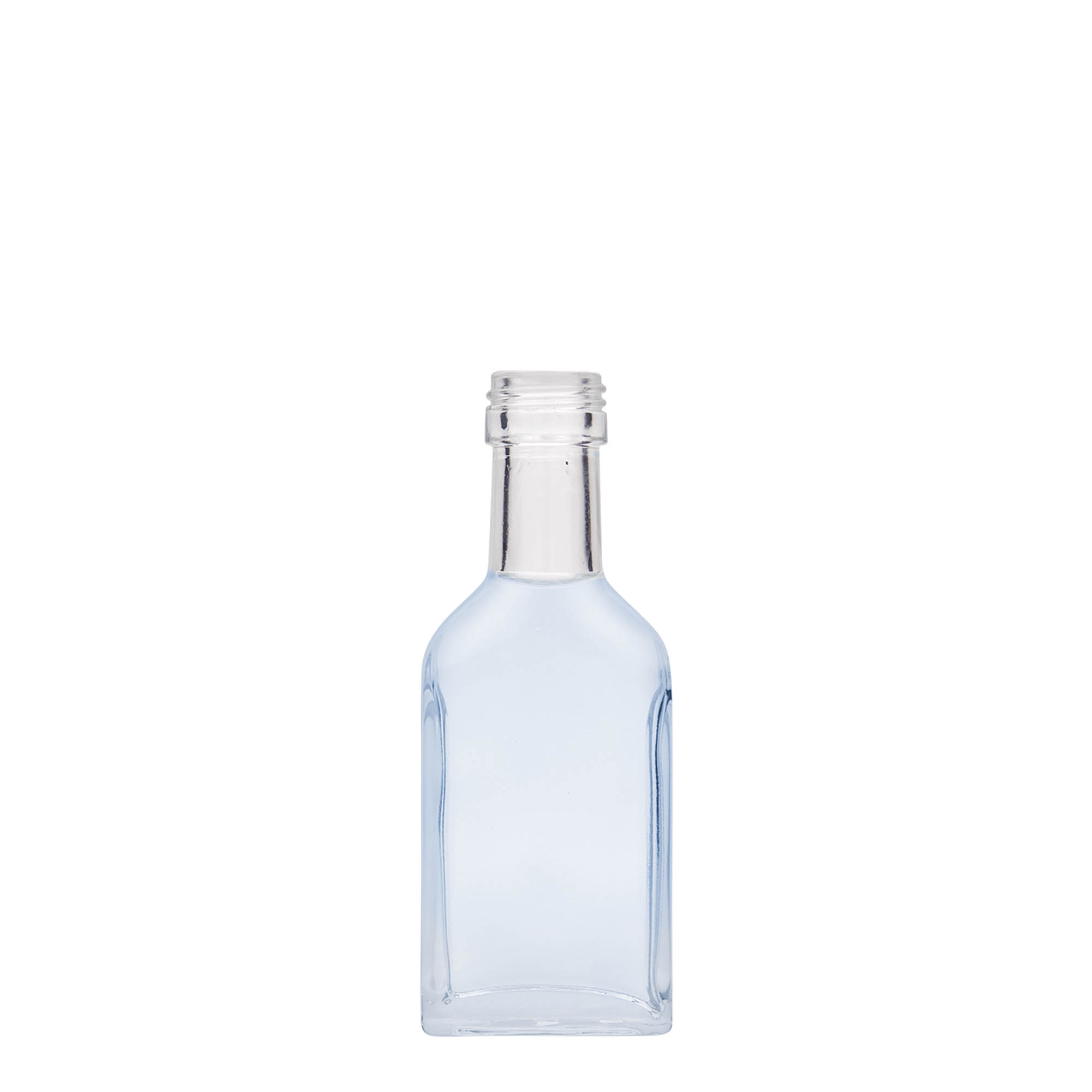 40 ml lommeflaske med lang hals, rektangulær, glas, åbning: PP 22