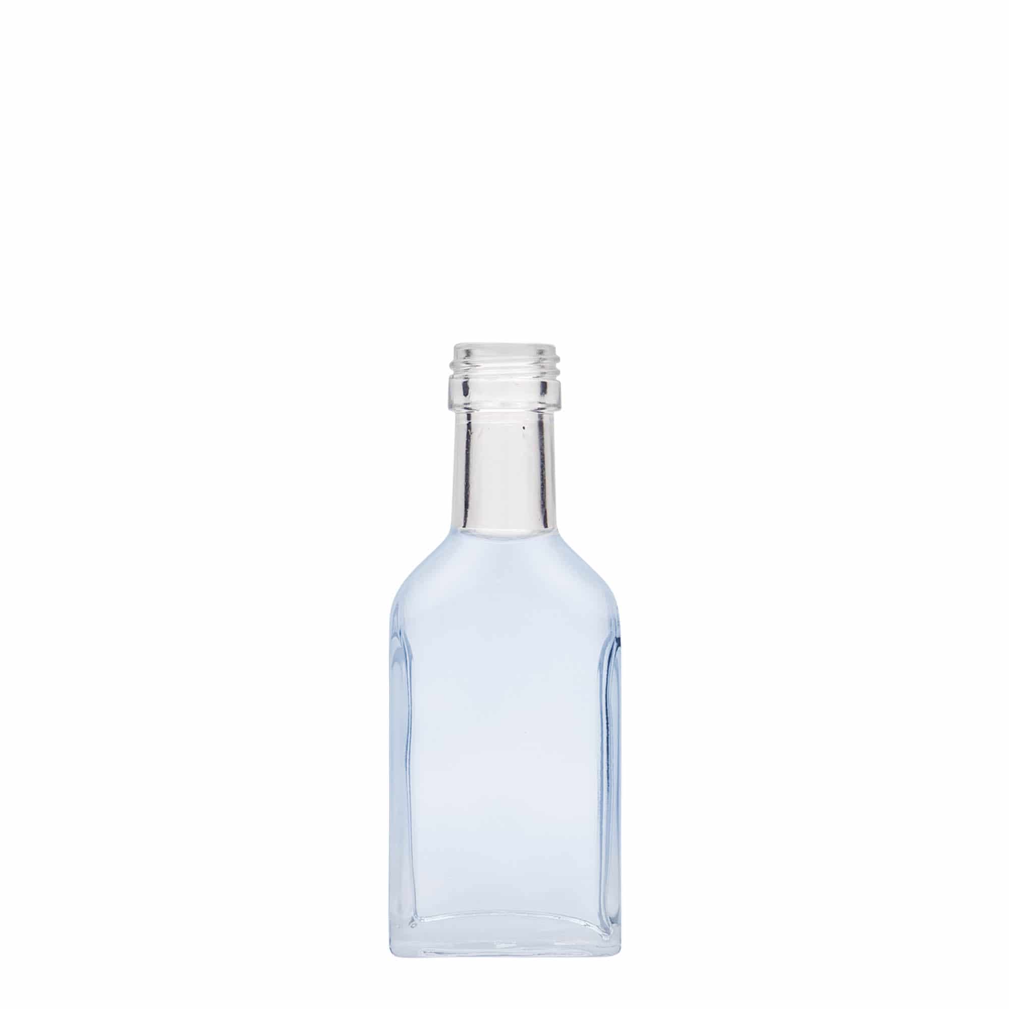40 ml lommeflaske med lang hals, rektangulær, glas, åbning: PP 22 40 ml lommeflaske med lang hals, rektangulær, glas, åbning: PP 22