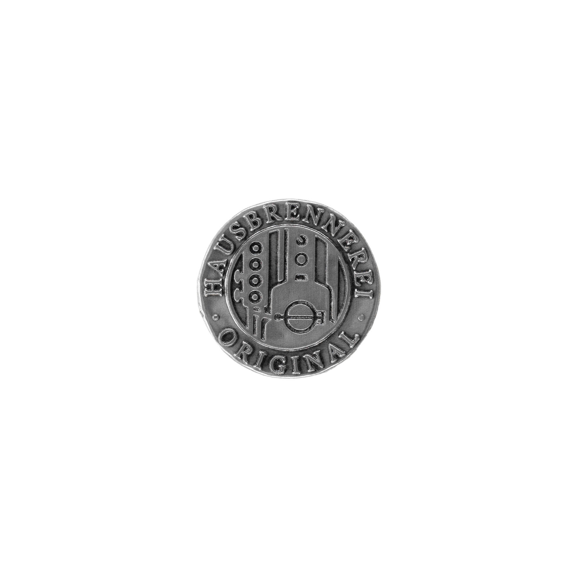 Tinlabel 'Hausbrennerei', rund, metal, sølv Tinlabel 'Hausbrennerei', rund, metal, sølv