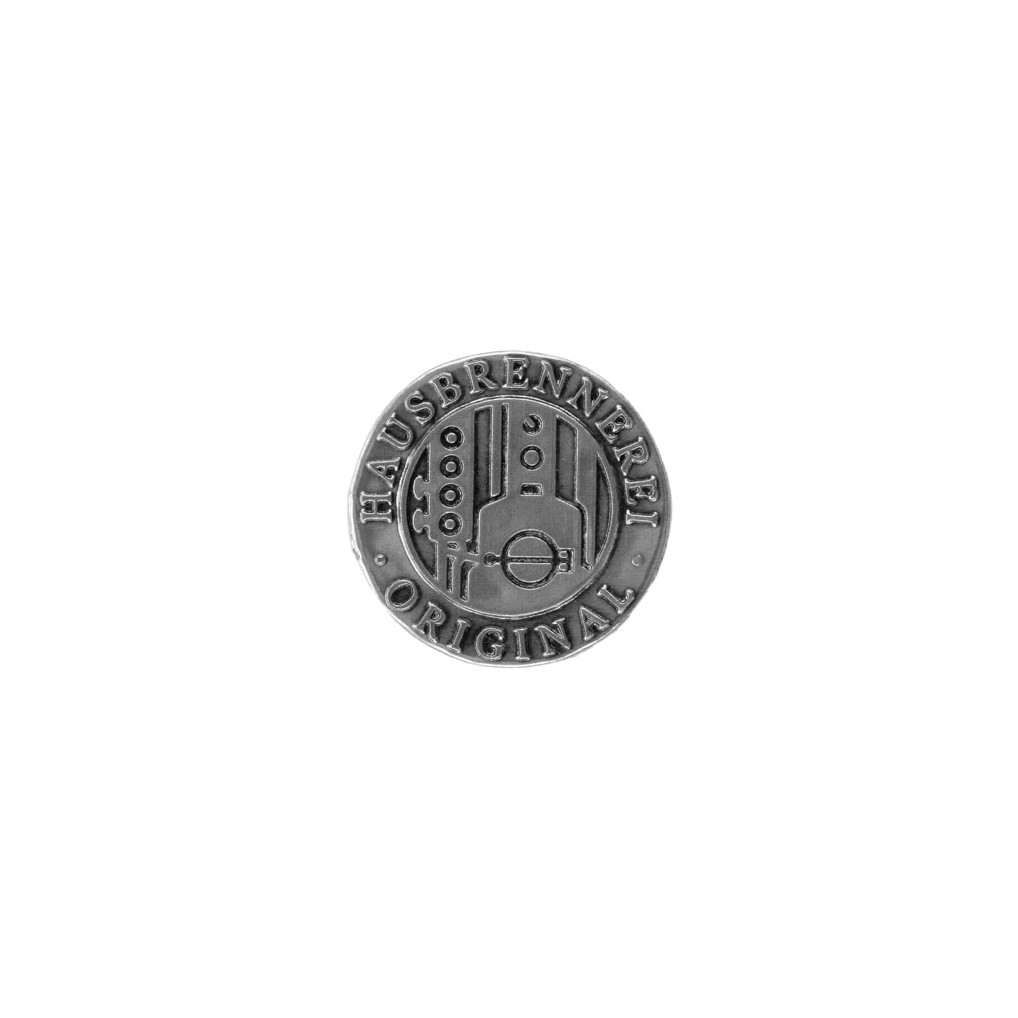 Tinlabel »Hausbrennerei«, rund, metal, sølv