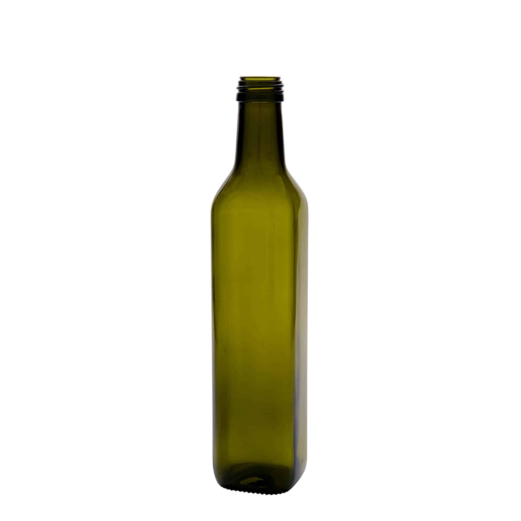 500 ml glasflaske 'Marasca', kvadratisk, antikgrøn, åbning: PP 31,5