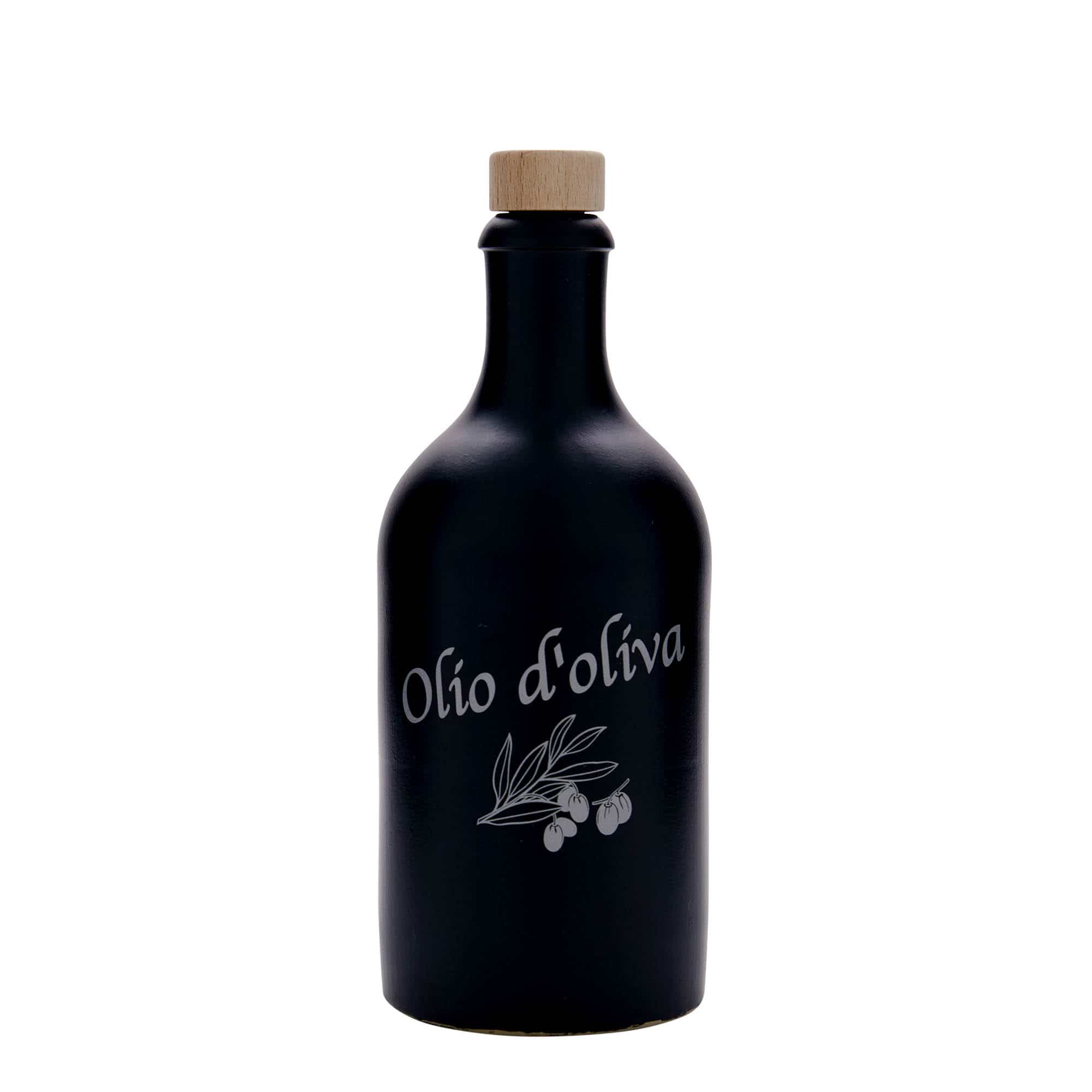 500 ml lerkrus, motiv: Olio d'Oliva, stentøj, sort, åbning: Kork