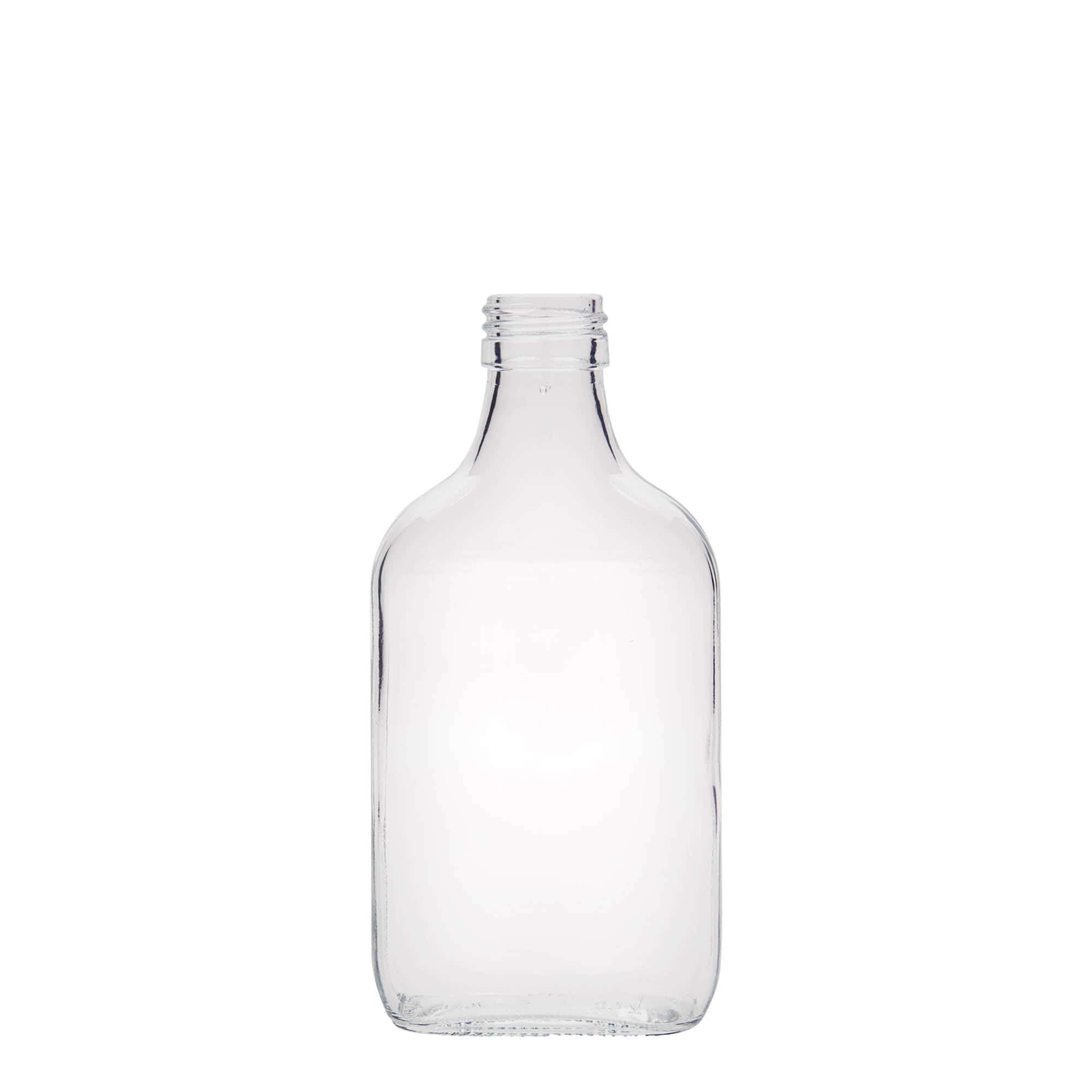 200 ml lommeflaske, rektangulær, glas, åbning: PP 28