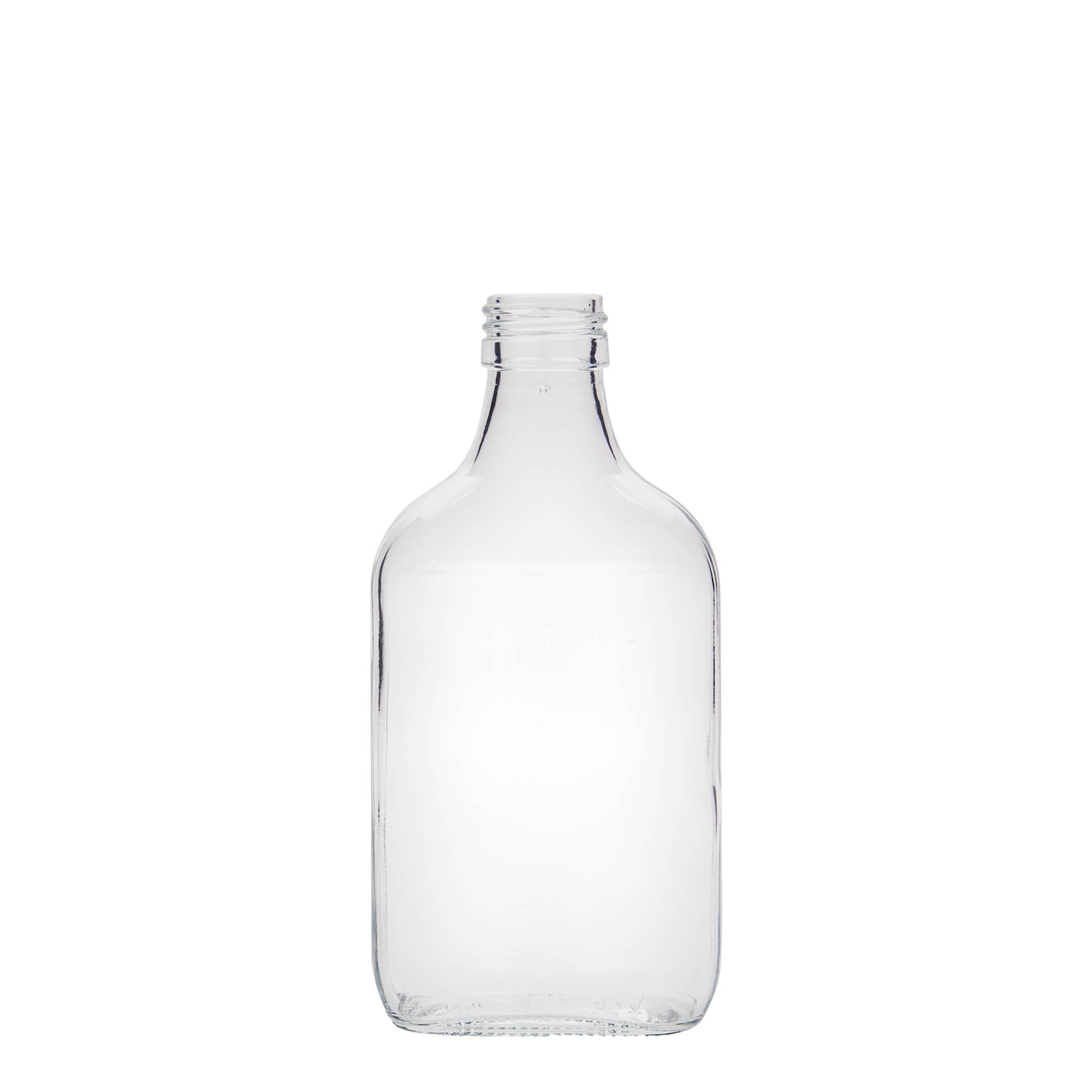 200 ml lommeflaske, rektangulær, glas, åbning: PP 28