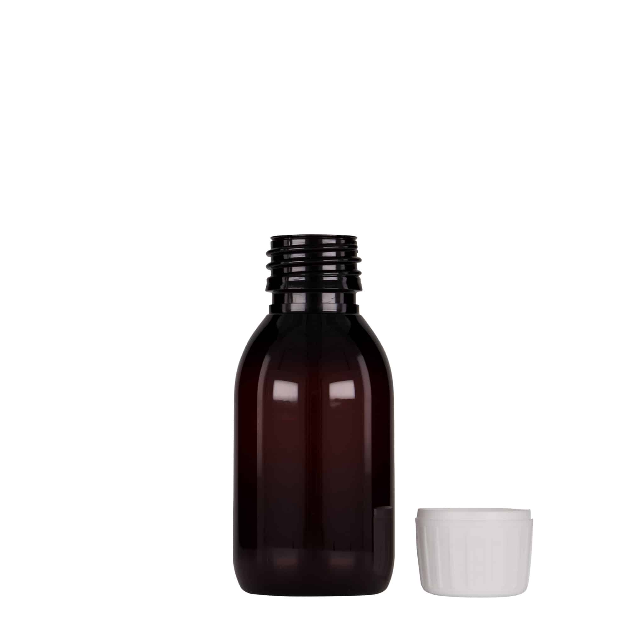 100 ml PET-medicinflaske, brun, plast, åbning: PP 28