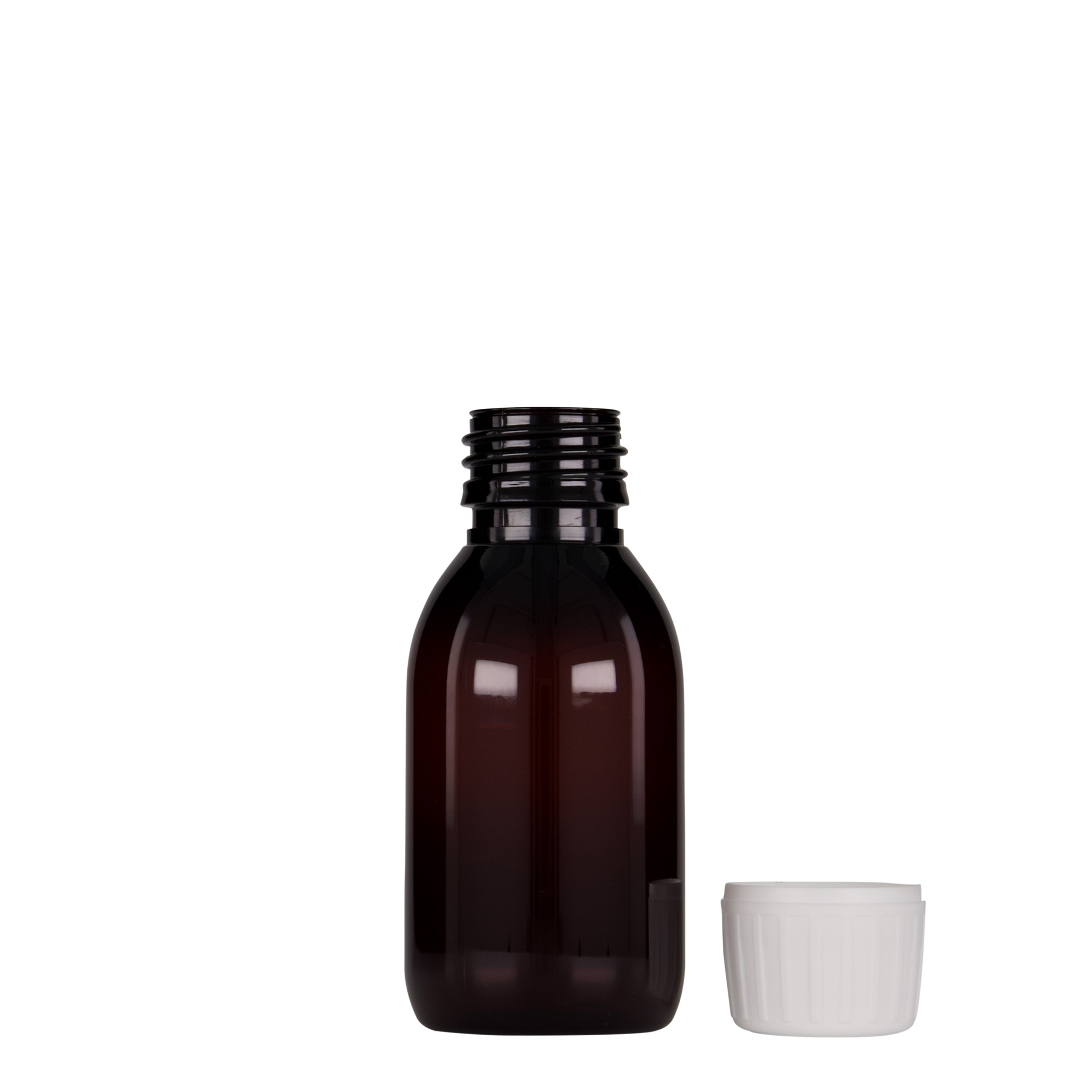 100 ml PET-medicinflaske, brun, plastik, åbning: PP 28