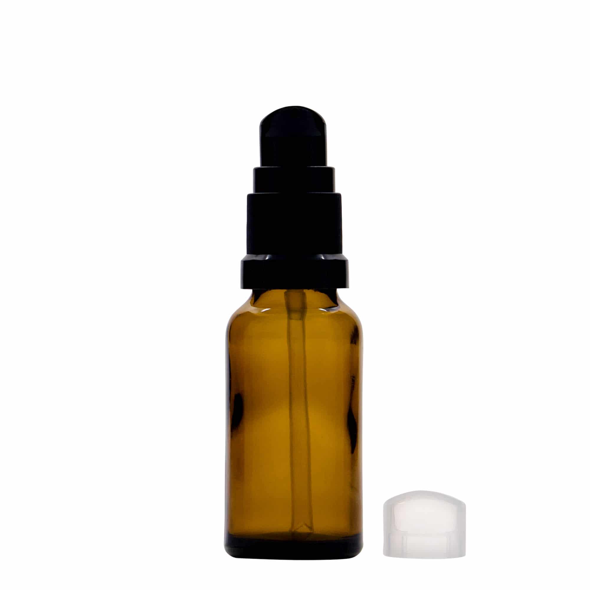 20 ml medicinflaske med lotionpumpe, glas, brun, åbning: DIN 18