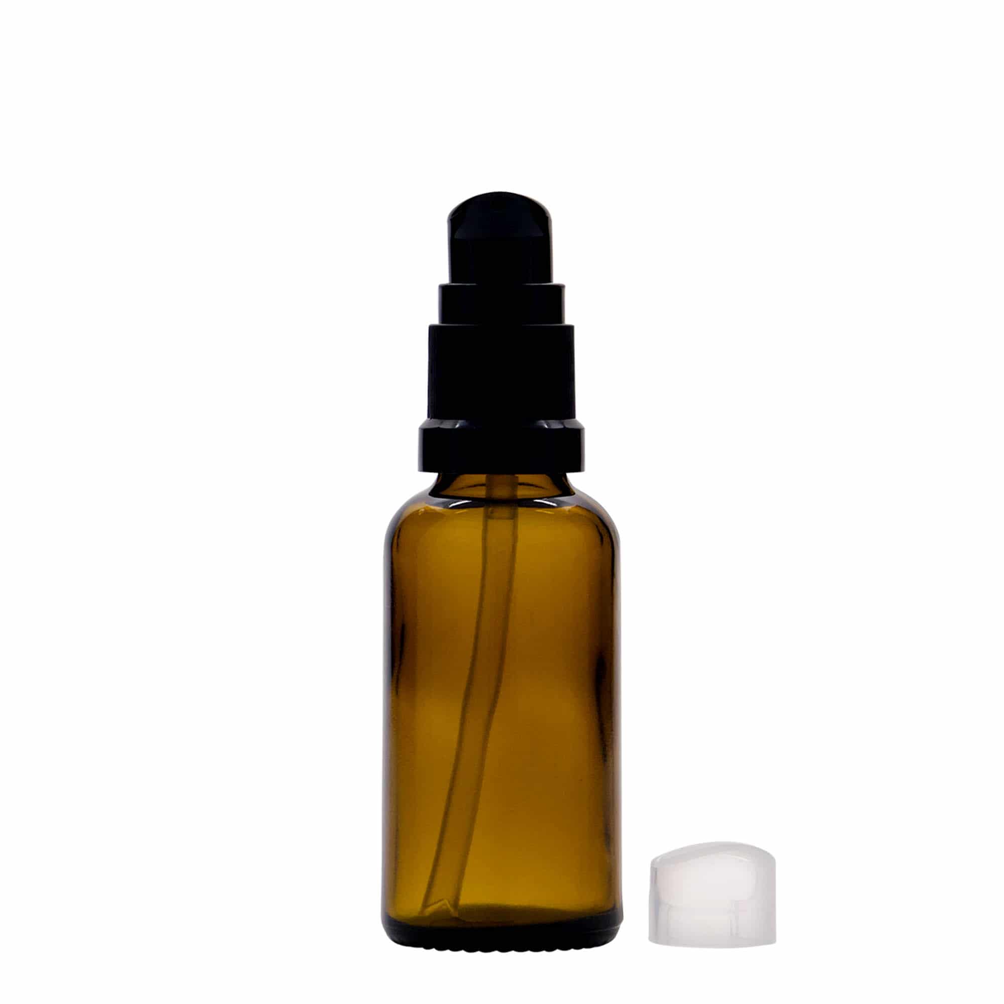 30 ml medicinflaske med lotionpumpe, glas, brun, åbning: DIN 18