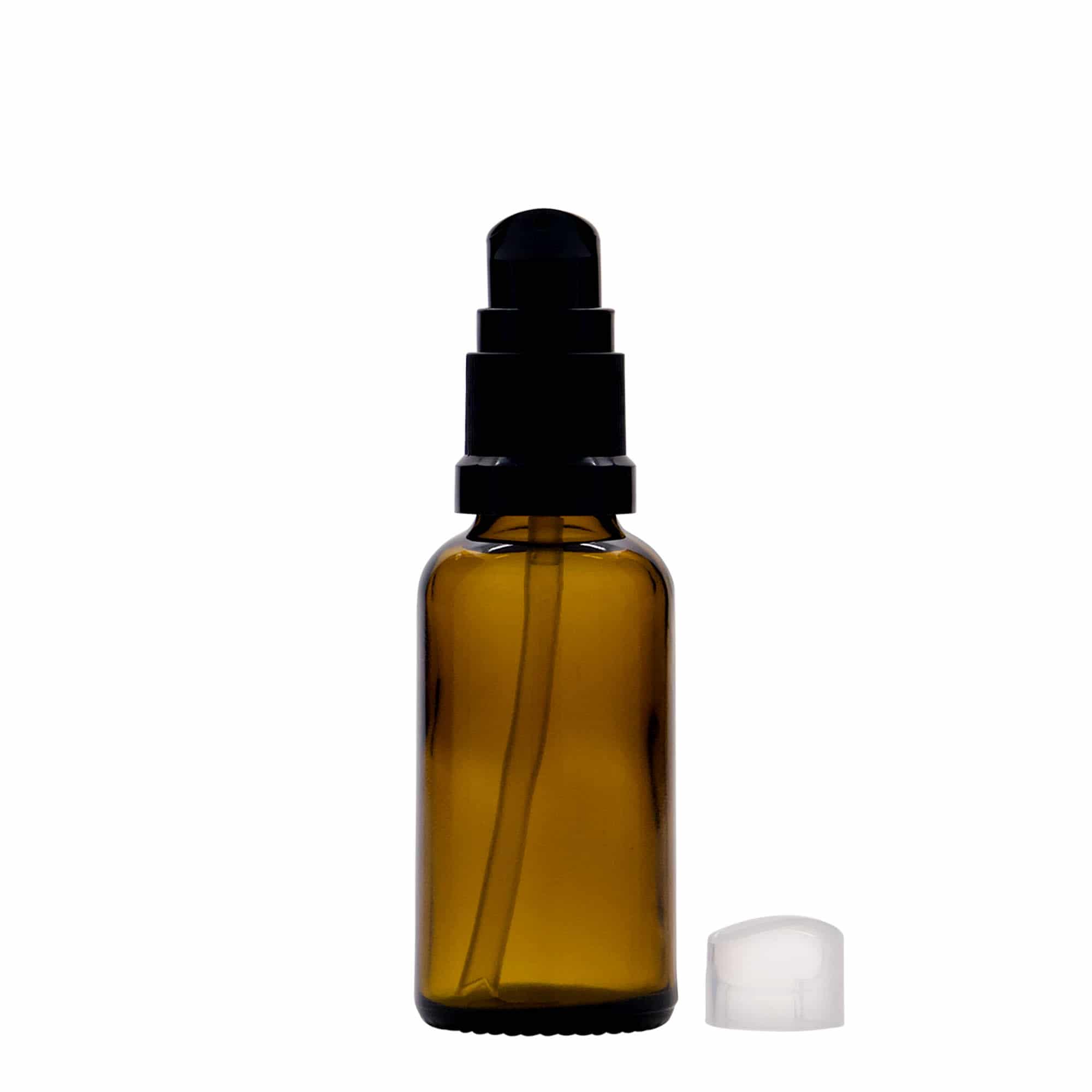 30 ml medicinflaske med lotionpumpe, glas, brun, åbning: DIN 18