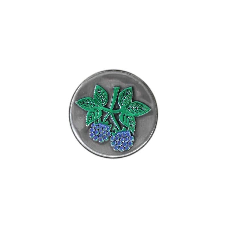 Tin etikette 'Brombær', rund, metal, sølv