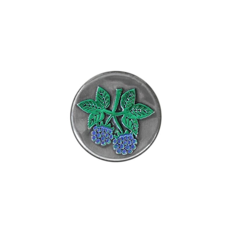 Tin etikette 'Brombær', rund, metal, sølv