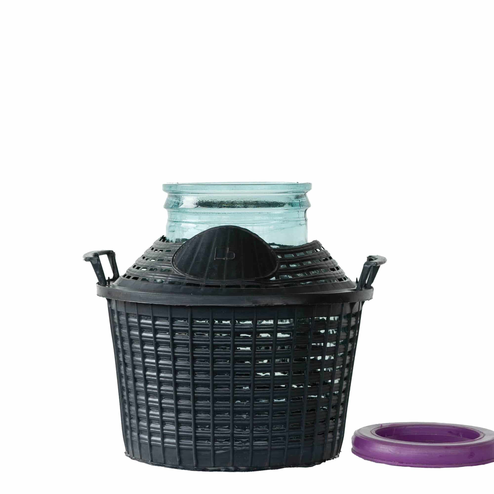 5 l ballonflaske med vid hals, glas, åbning: påsætning af låg 5 l ballonflaske med vid hals, glas, åbning: påsætning af låg