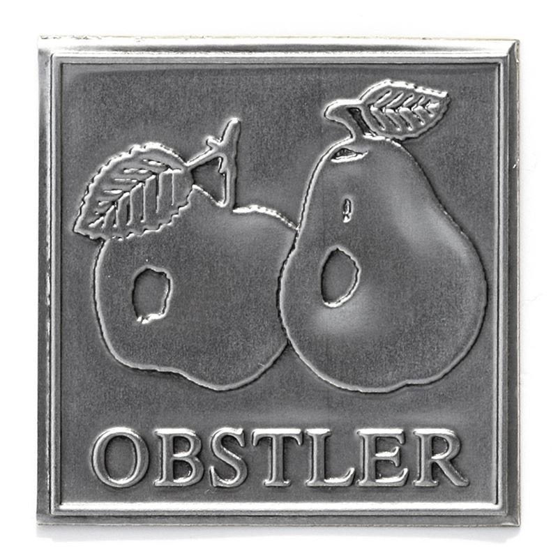 Tinmærkat 'Obstler', firkantet, metal, sølv