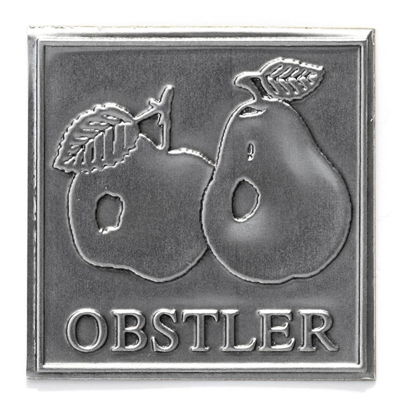 Tinmærkat 'Obstler', firkantet, metal, sølv Tinmærkat 'Obstler', firkantet, metal, sølv