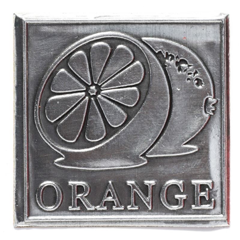 Tinlabel »Orange«, kvadratisk, metal, sølv