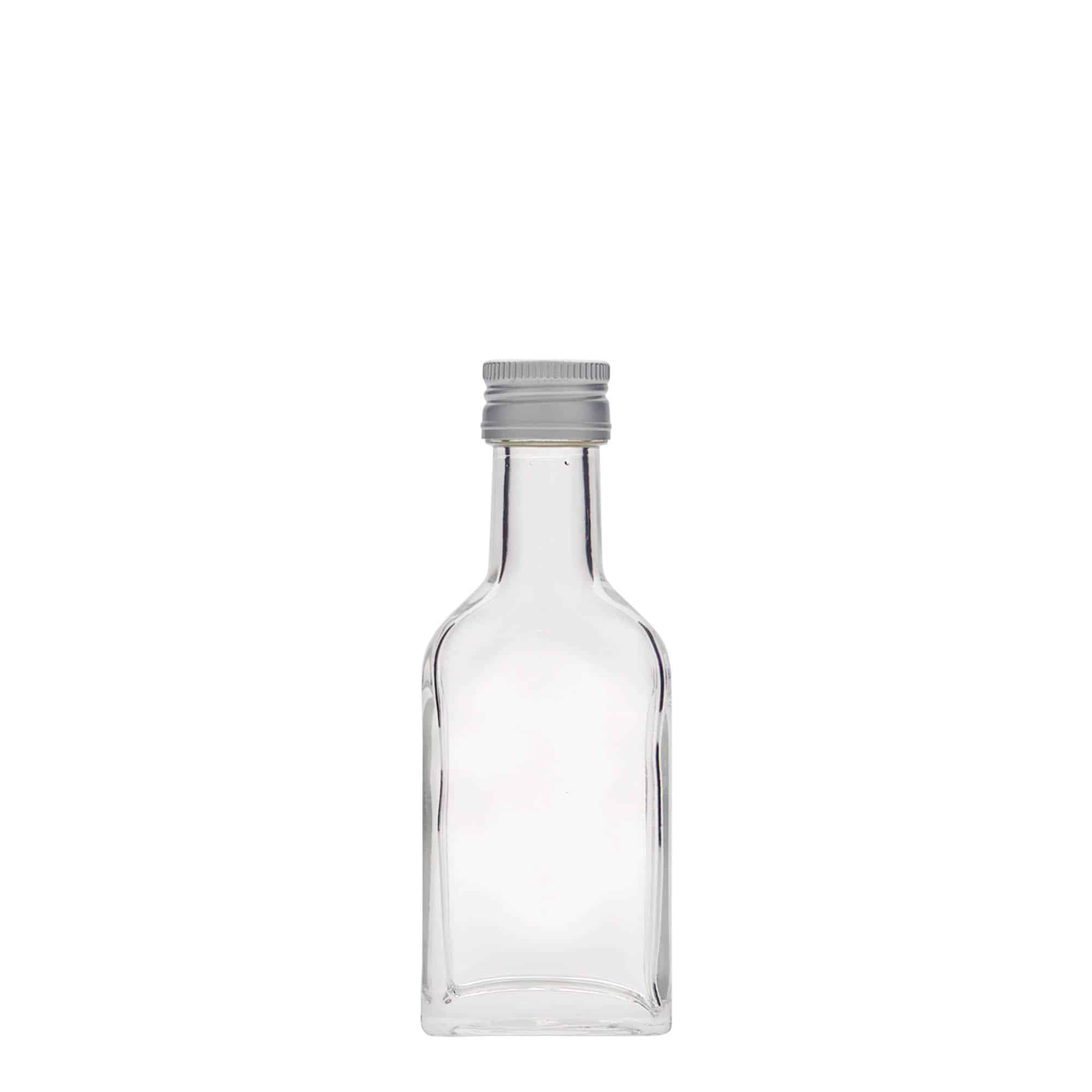 40 ml lommelærke, langhalset, firkantet, glas, åbning: PP 22