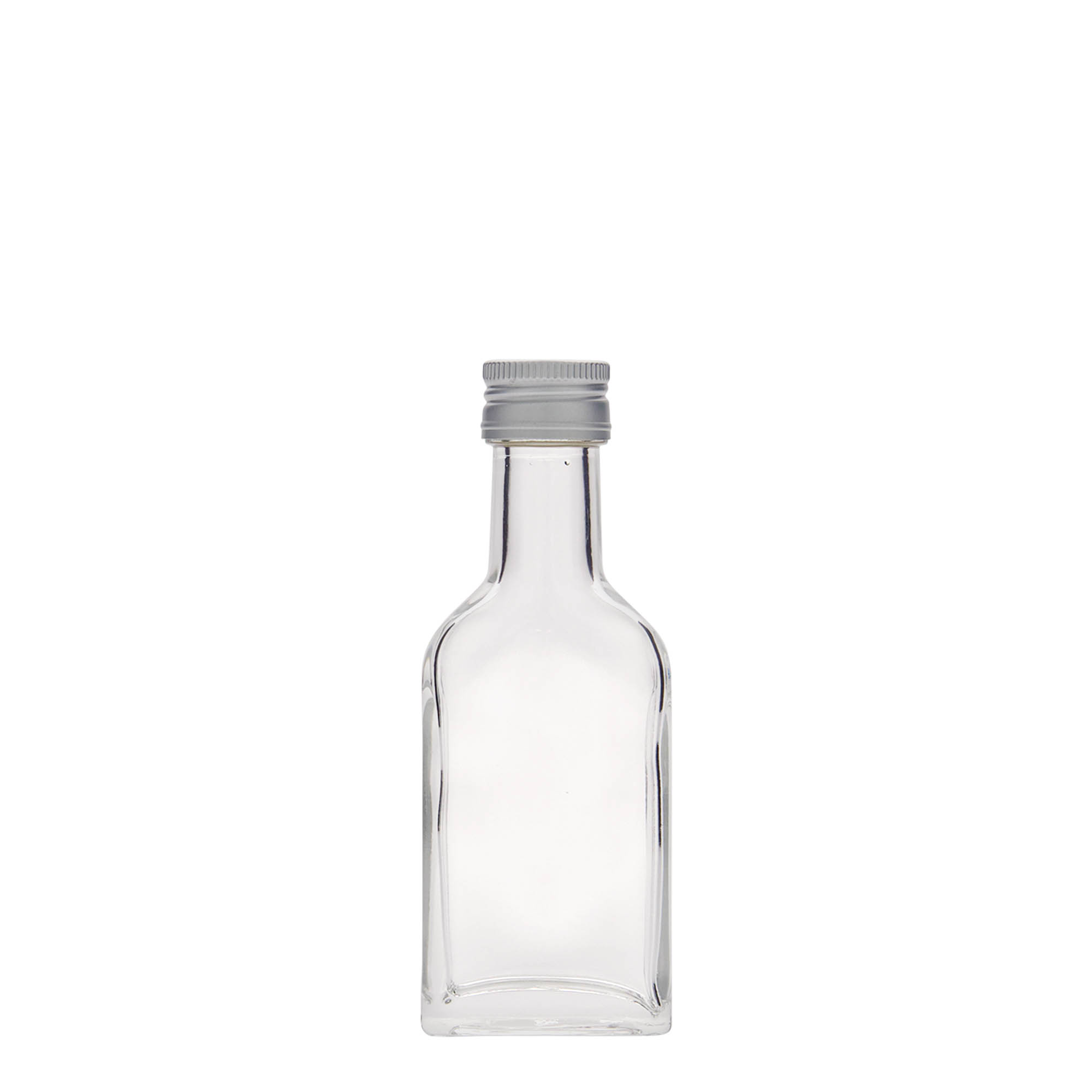 40 ml lommeflaske med lang hals, rektangulær, glas, åbning: PP 22 40 ml lommeflaske med lang hals, rektangulær, glas, åbning: PP 22