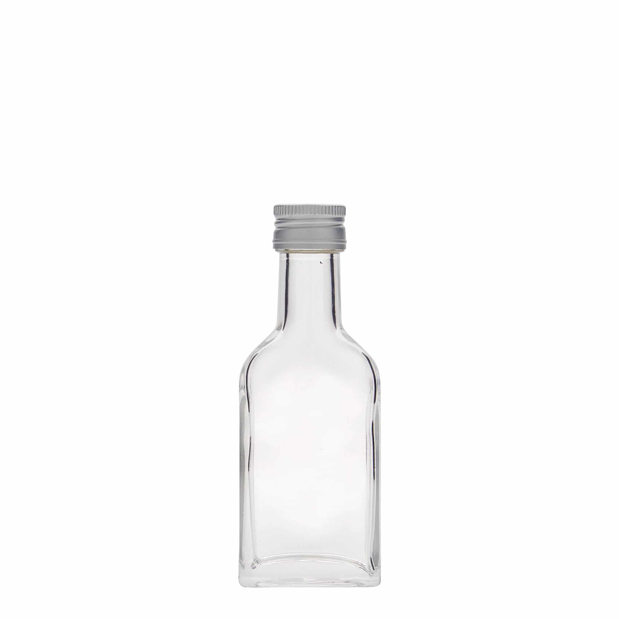 40 ml lommeflaske med lang hals, rektangulær, glas, åbning: PP 22