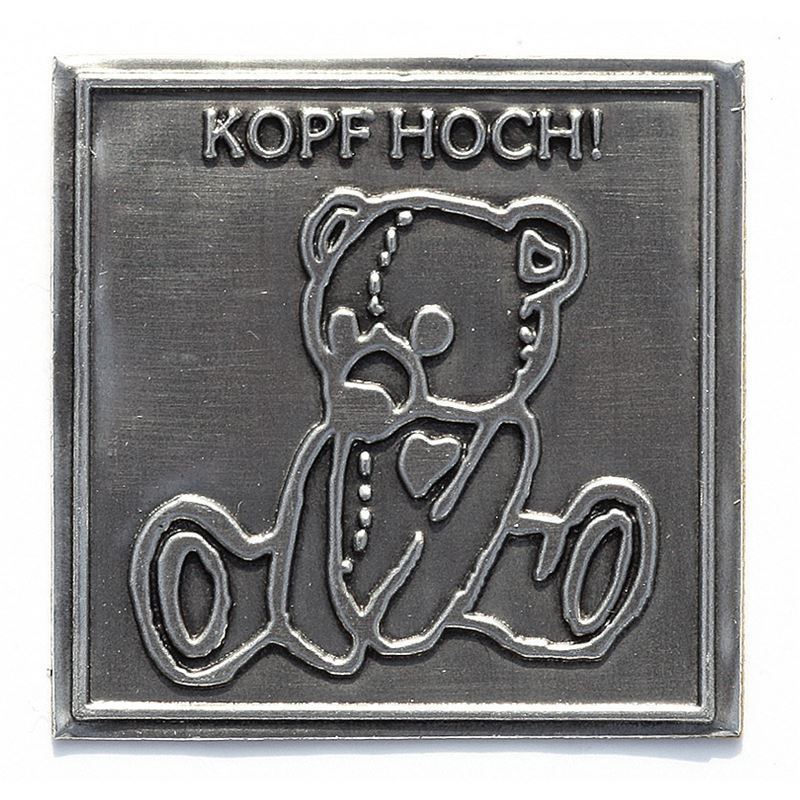 Tin etiket 'Kopf Hoch', firkantet, metal, sølv Tin etiket 'Kopf Hoch', firkantet, metal, sølv
