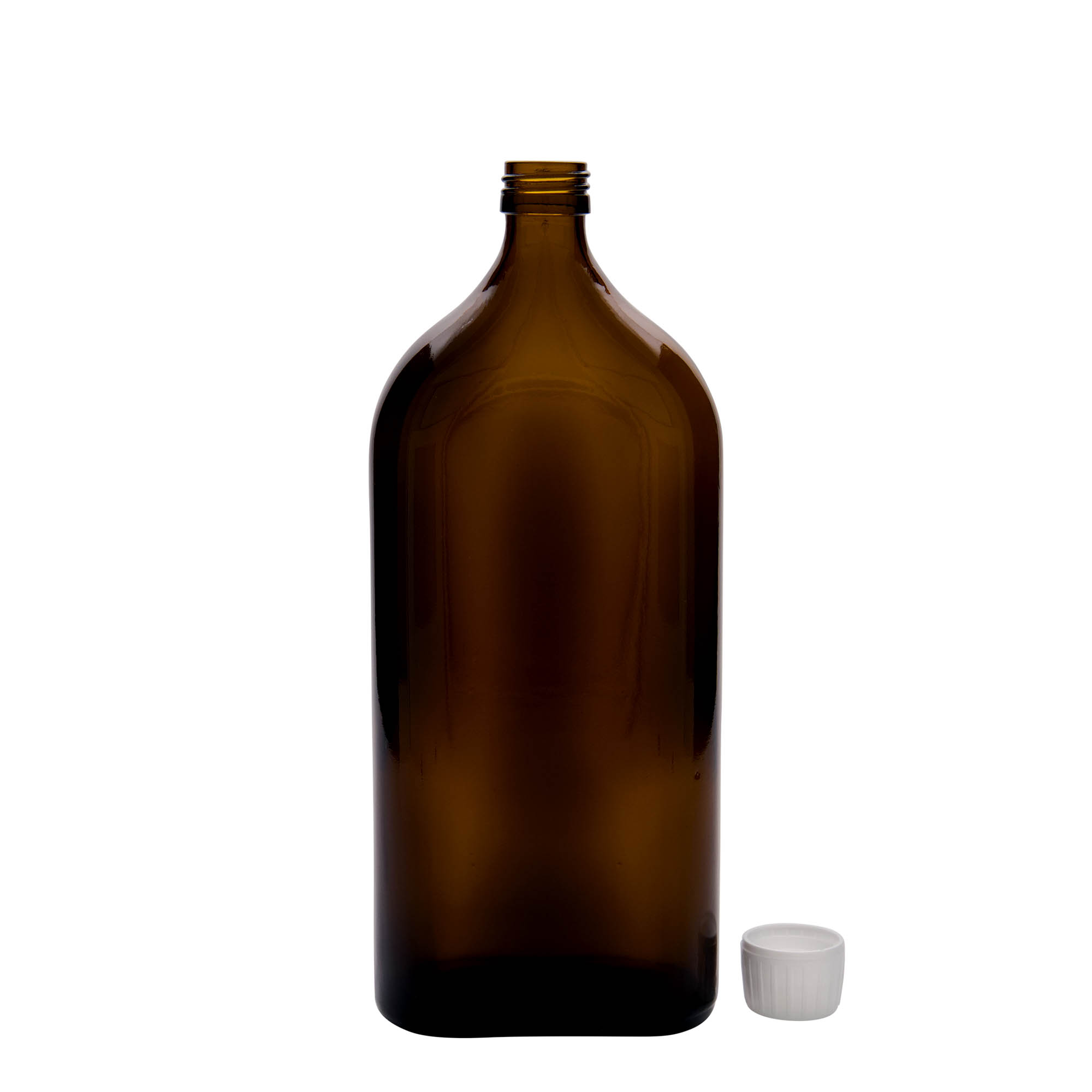 1.000 ml medicinflaske Meplat, oval, glas, brun, åbning: PP 28 1.000 ml medicinflaske Meplat, oval, glas, brun, åbning: PP 28