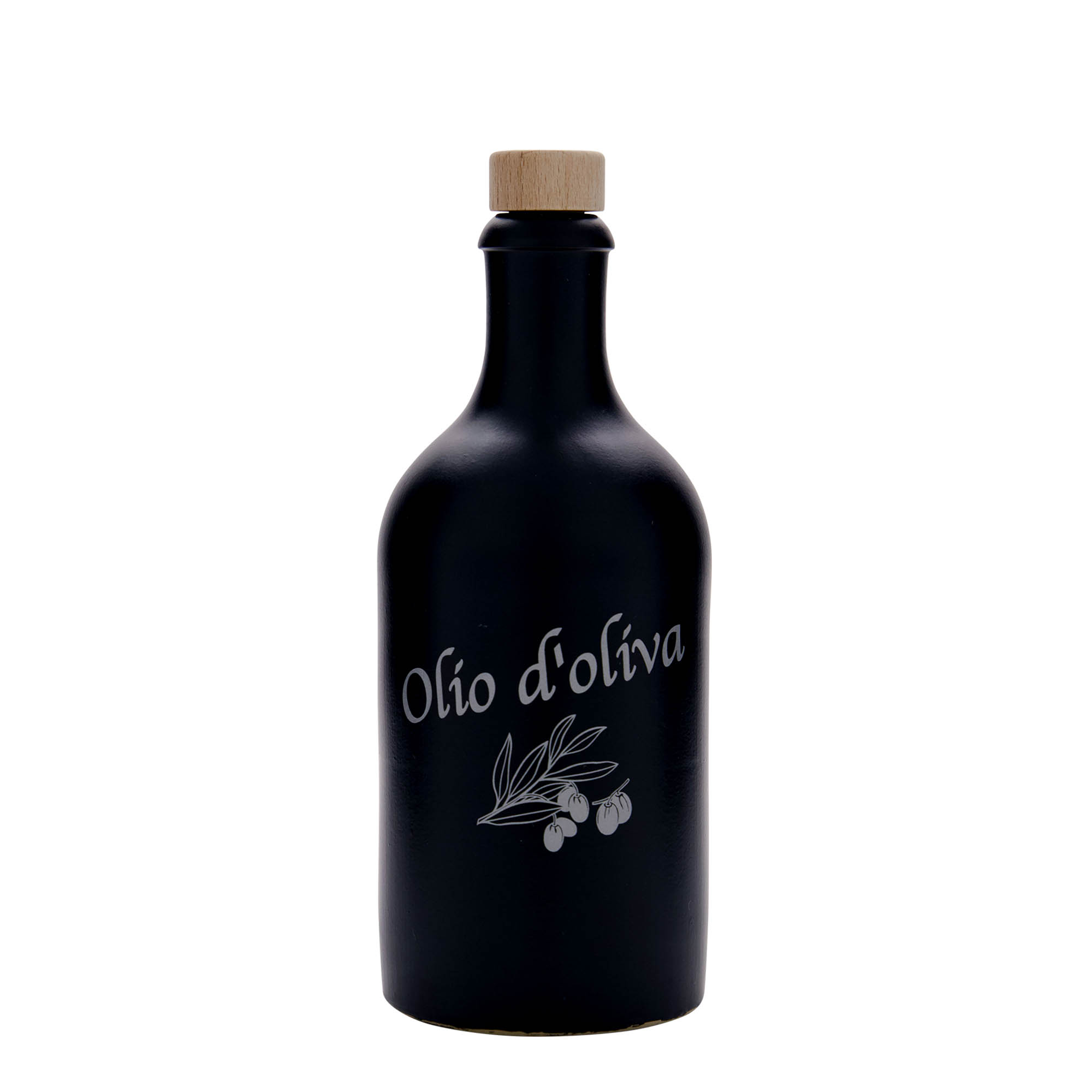 500 ml Tonkrukke, motiv: Olio d'Oliva, stentøj, sort, åbning: kork 500 ml Tonkrukke, motiv: Olio d'Oliva, stentøj, sort, åbning: kork