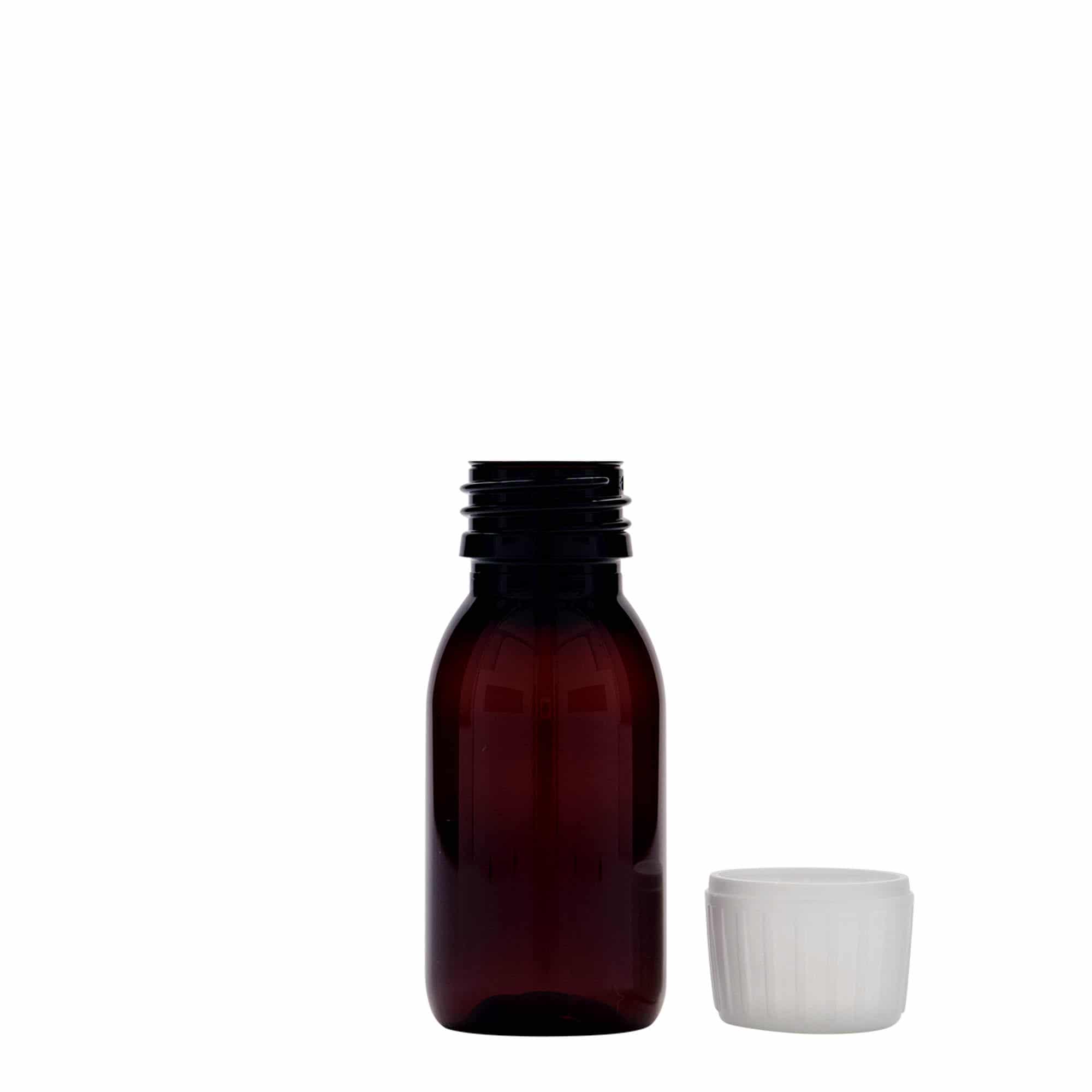 60 ml PET-medicinflaske, brun, plast, åbning: PP 28