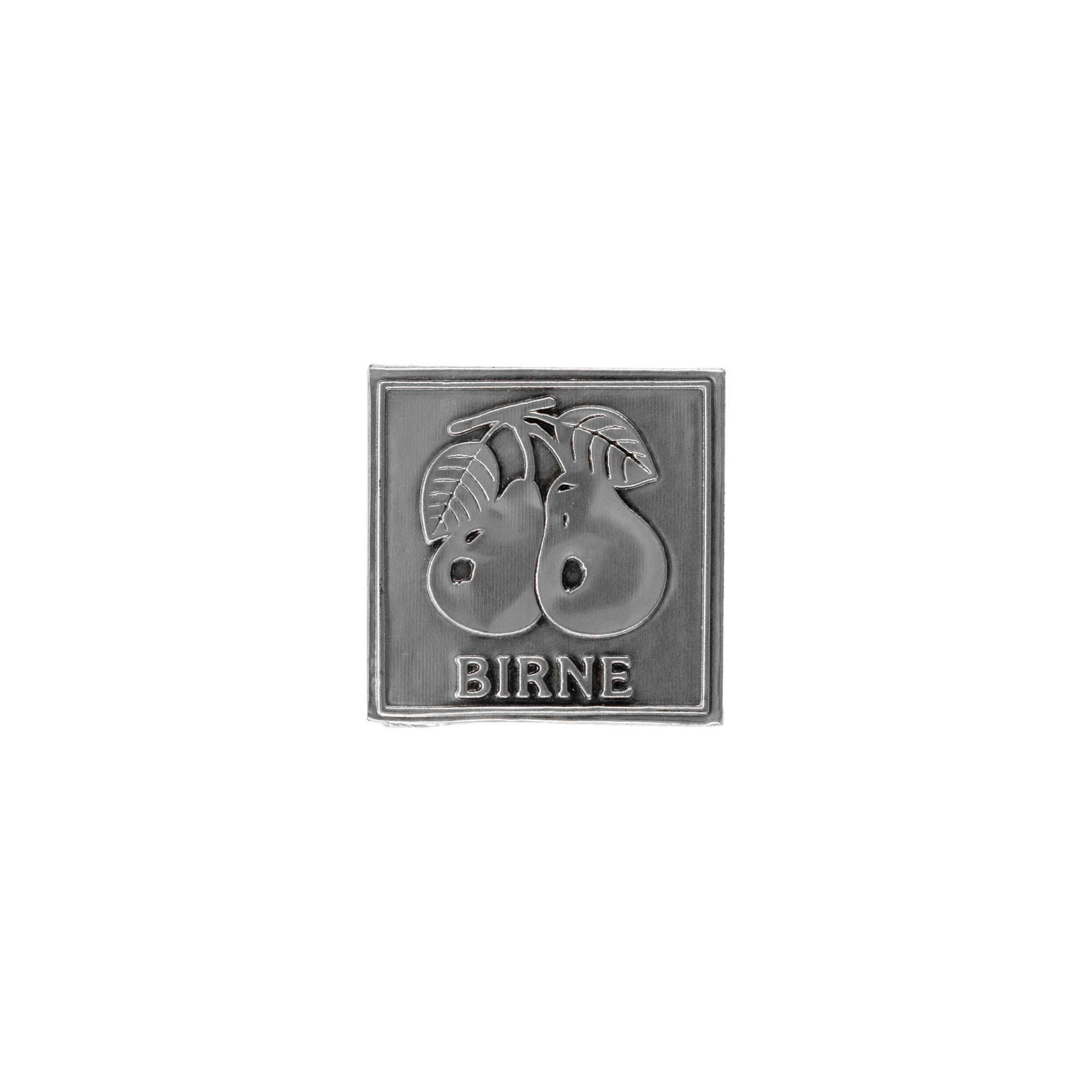 Tinlabel 'Pære', firkantet, metal, sølv