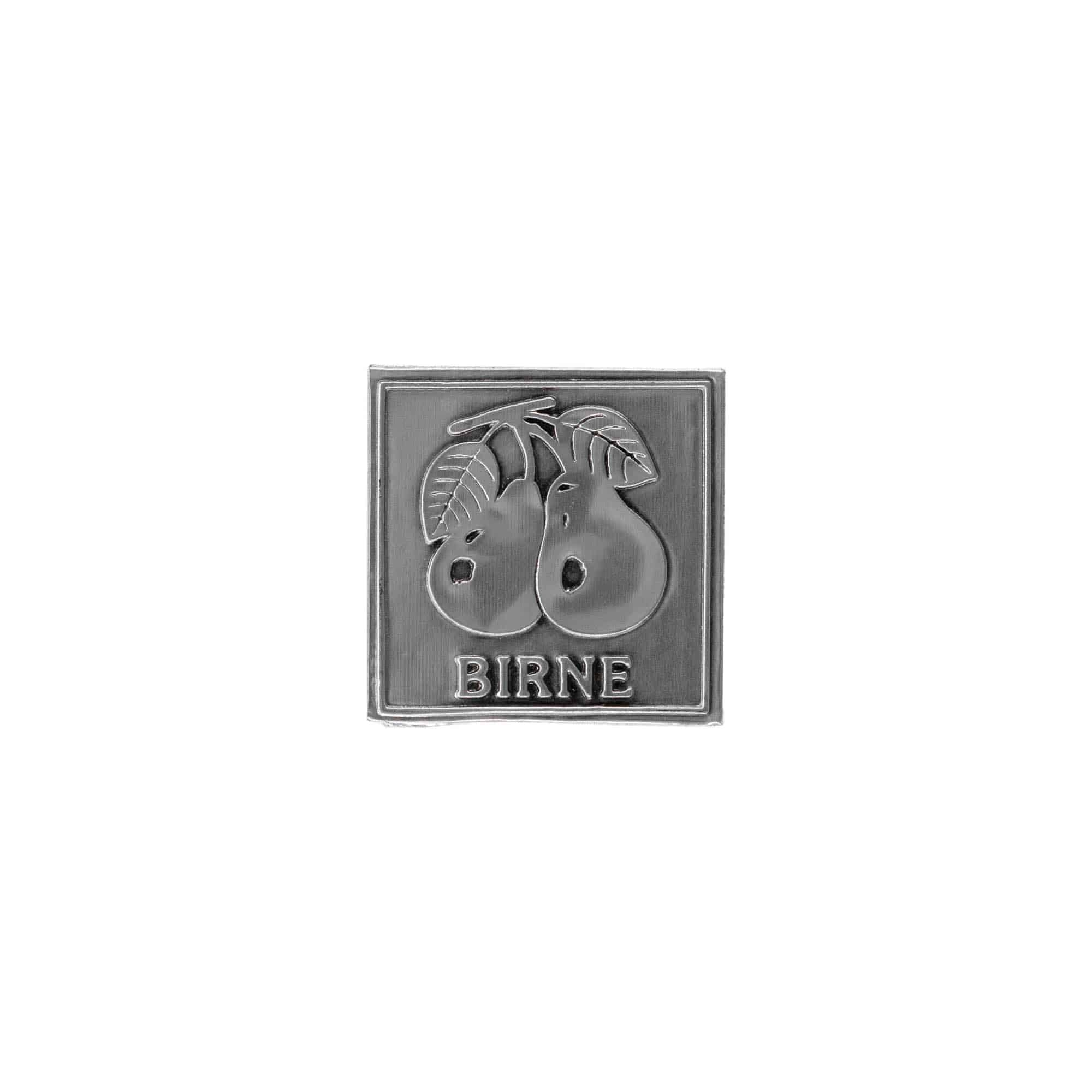 Tinlabel 'Pære', firkantet, metal, sølv