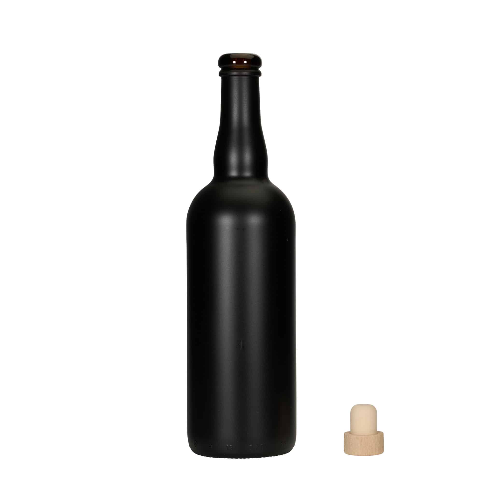 750 ml ølflaske Belgien, glas, sort, åbning: kork