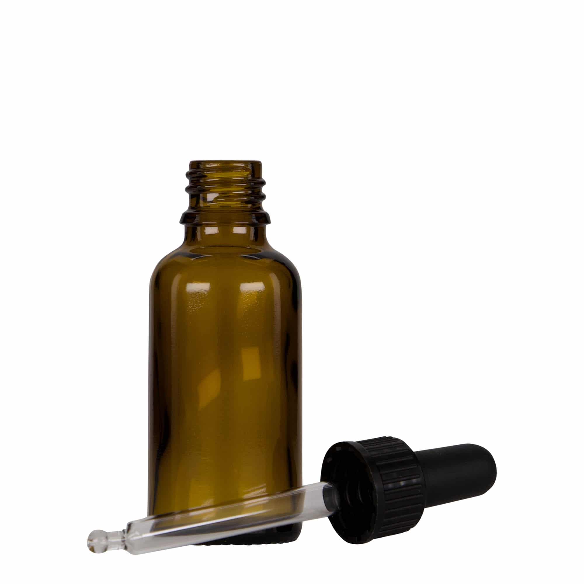30 ml pipetteflaske, medicin, glas, brun-sort, åbning: DIN 18
