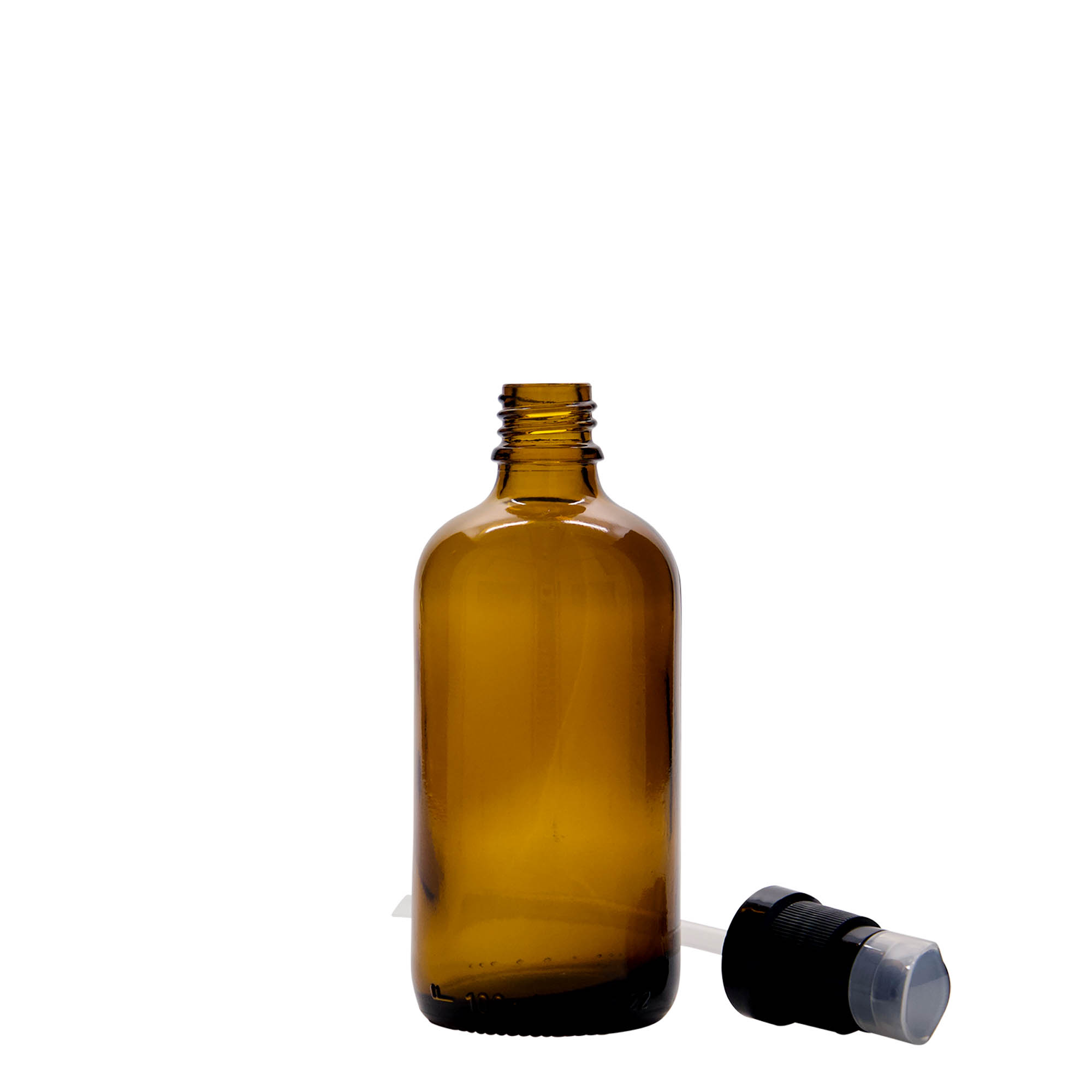 100 ml medicinflaske med lotionpumpe, glas, brun, åbning: DIN 18