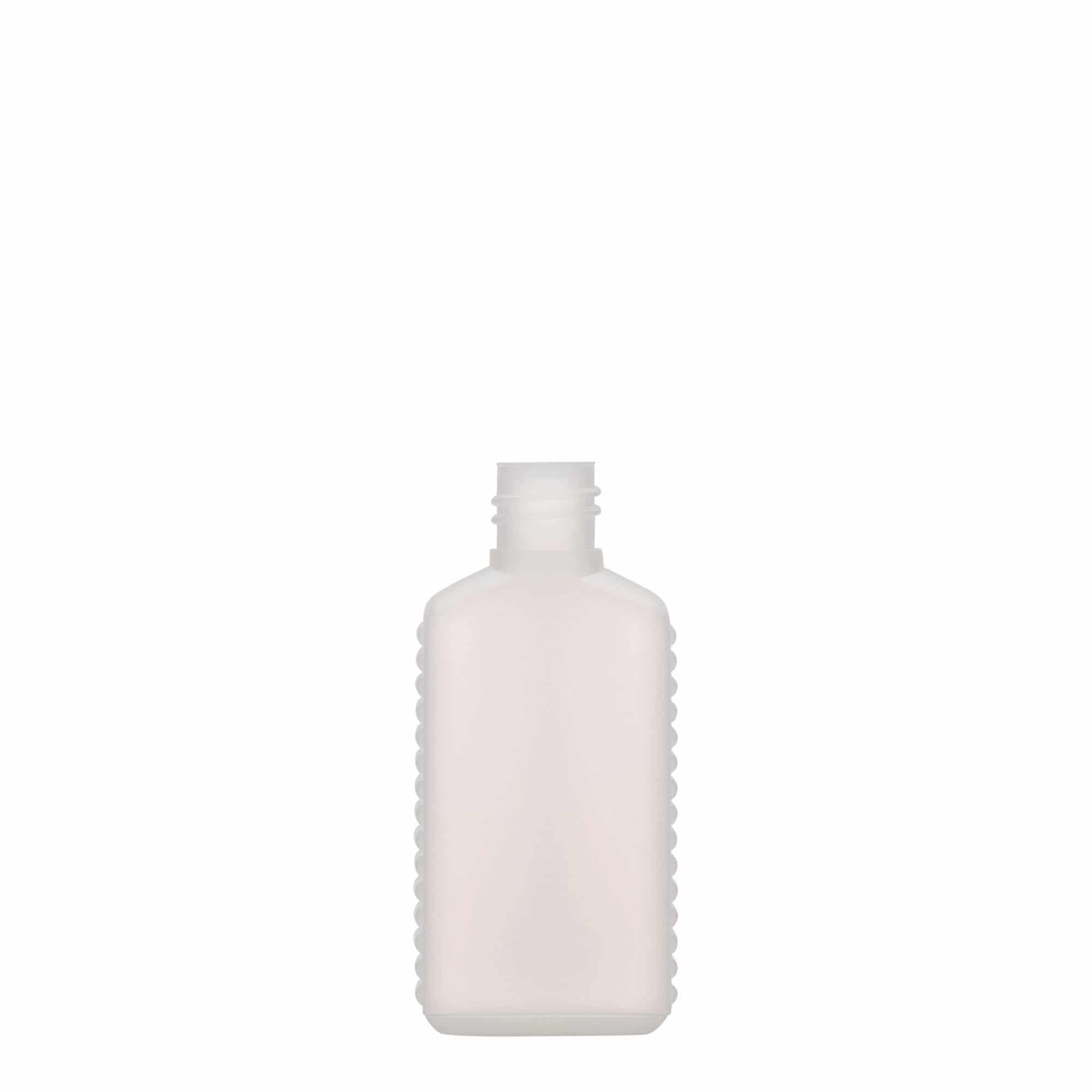 50 ml beholderflaske, smalhalset, firkantet, HDPE-plast, natur, åbning: DIN 18 50 ml beholderflaske, smalhalset, firkantet, HDPE-plast, natur, åbning: DIN 18