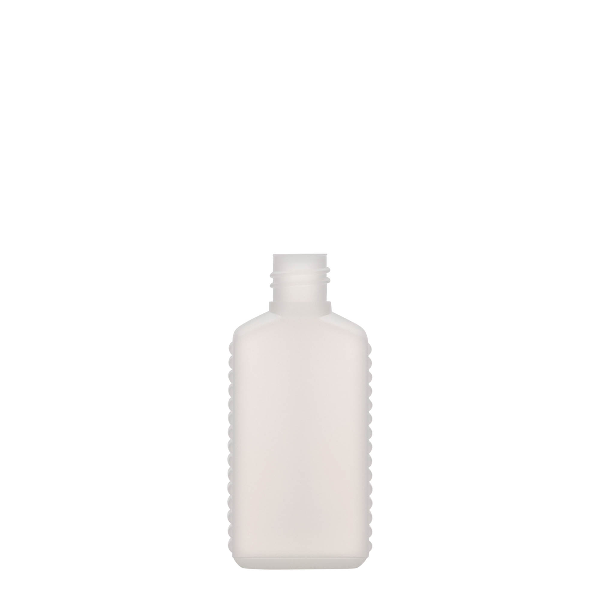 50 ml dunkflaske med smal hals, rektangulær, HDPE-plast, naturfarvet, åbning: DIN 18 50 ml dunkflaske med smal hals, rektangulær, HDPE-plast, naturfarvet, åbning: DIN 18