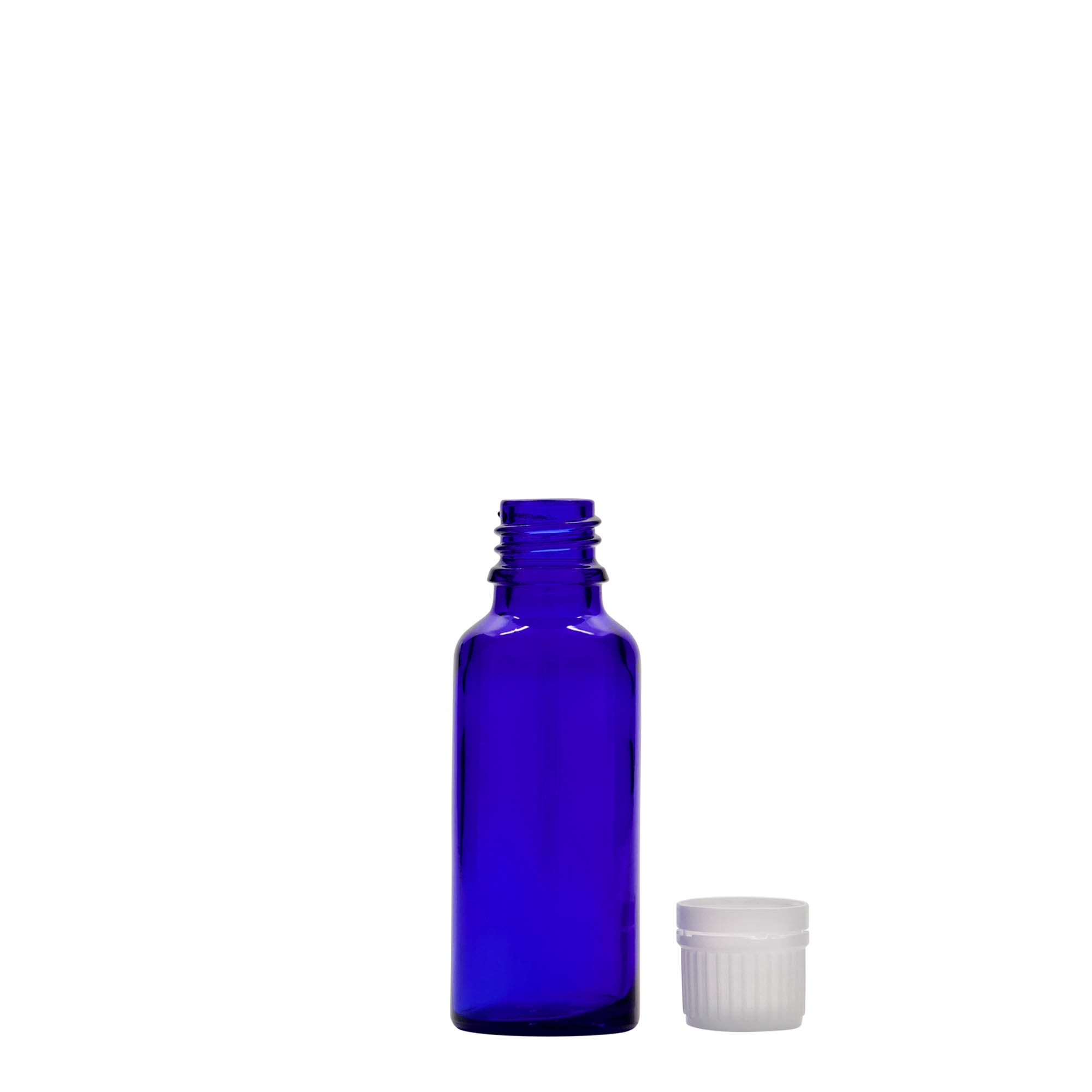 30 ml medicinflaske, glas, kongeblå, åbning: DIN 18 30 ml medicinflaske, glas, kongeblå, åbning: DIN 18