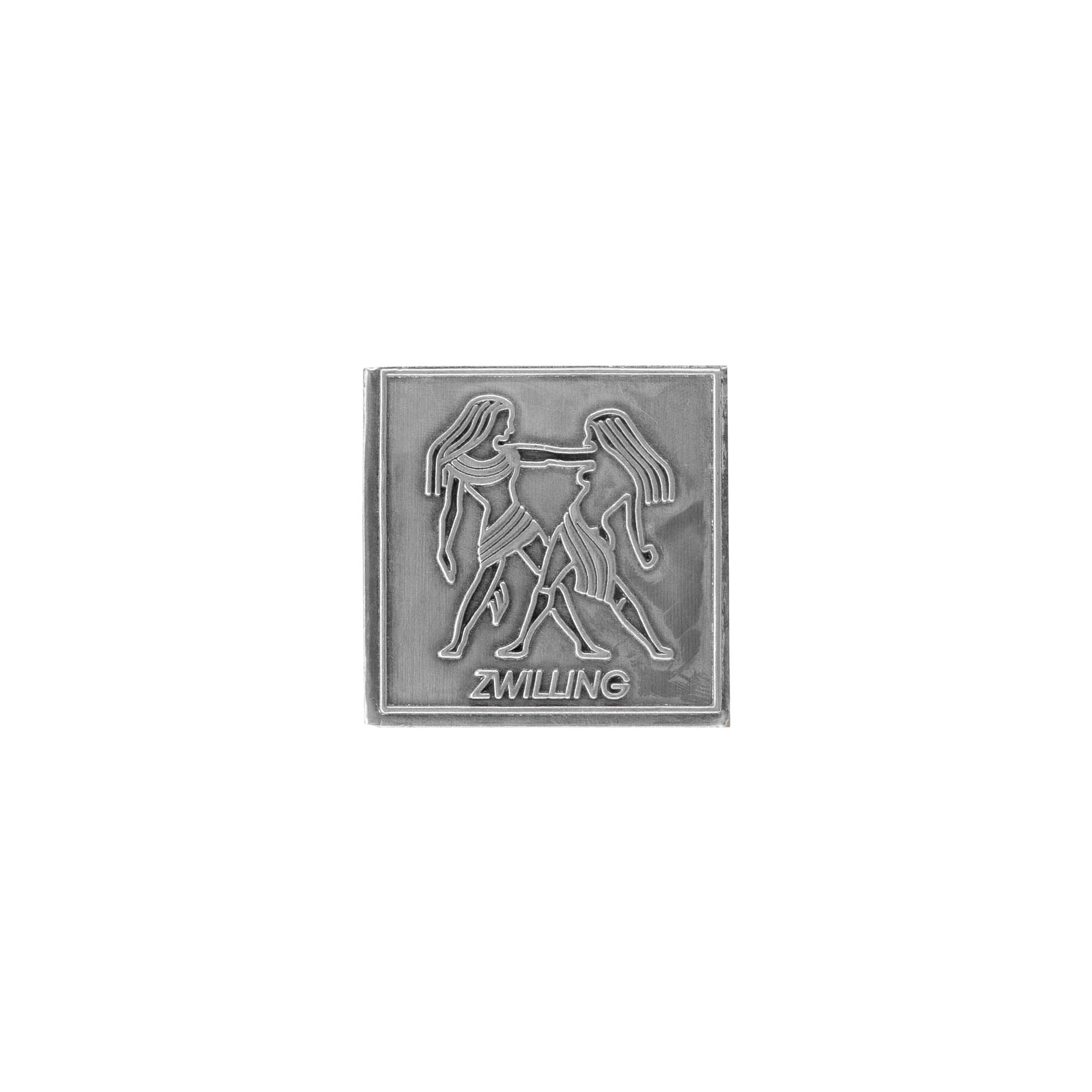 Tinlabel 'Zwilling', firkantet, metal, sølv Tinlabel 'Zwilling', firkantet, metal, sølv